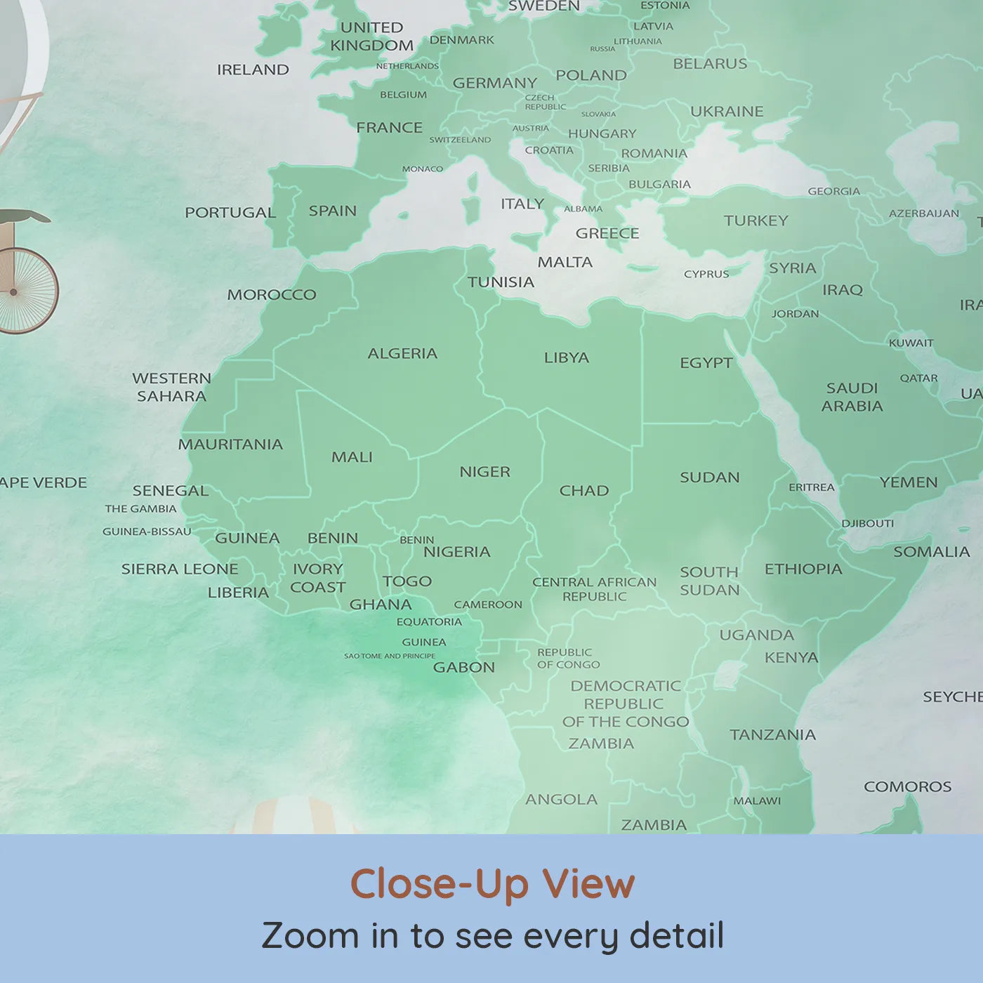 Close-up view of Whimsy Tots' Green Vintage Aviator World Map Wall Mural (Turn Their Room into a Grand, Old-World Air Show).Gender-Neutral