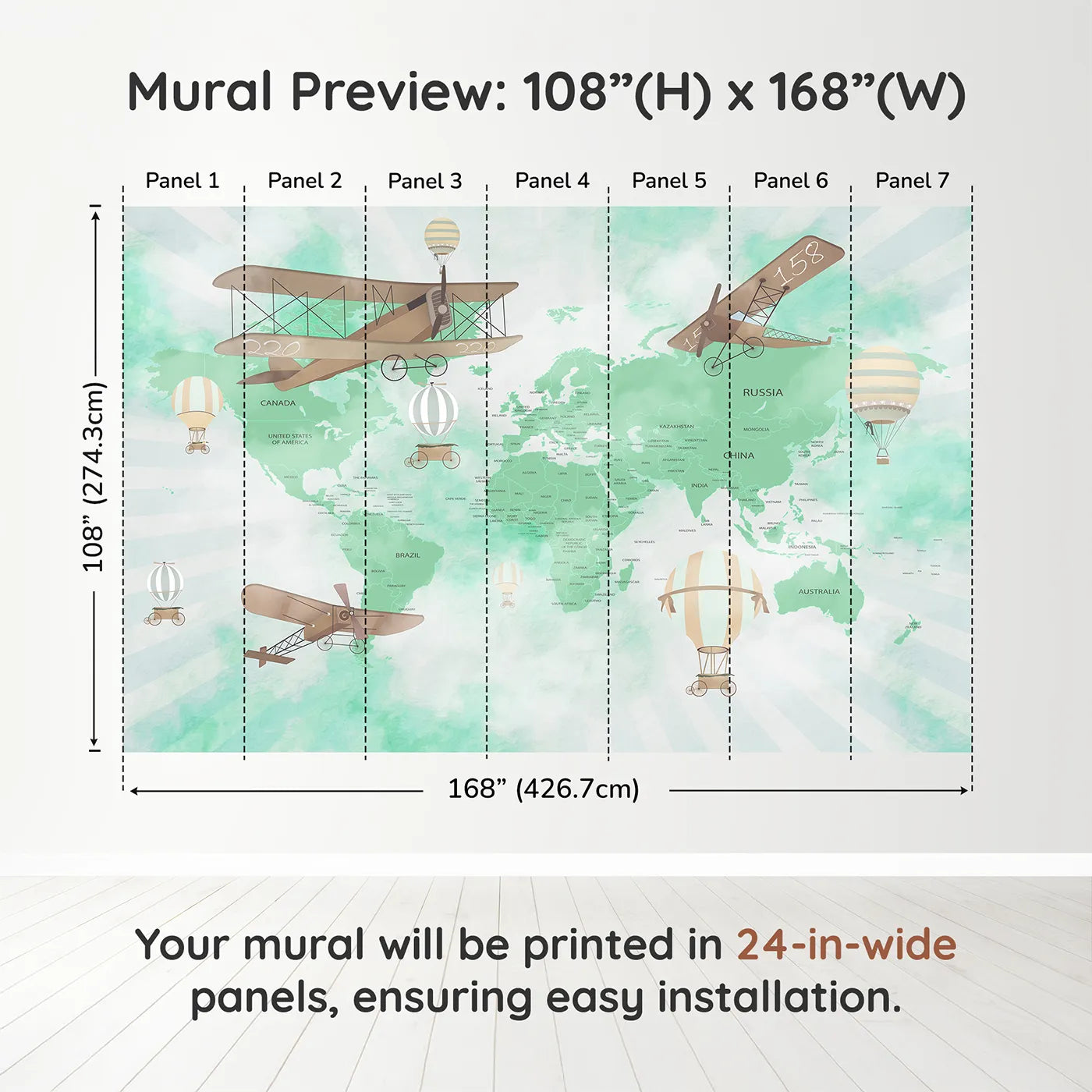 Whimsy Tots Green Vintage Aviator World Map Wall Muraldimension view (108" H x 168" W). Printed in seven 24-inch-wide panels. Gender-Neutral