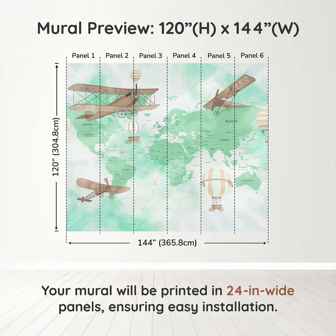 Whimsy Tots Green Vintage Aviator World Map Wall Muraldimension view (120" H x 144" W). Printed in six 24-inch-wide panels. Gender-Neutral
