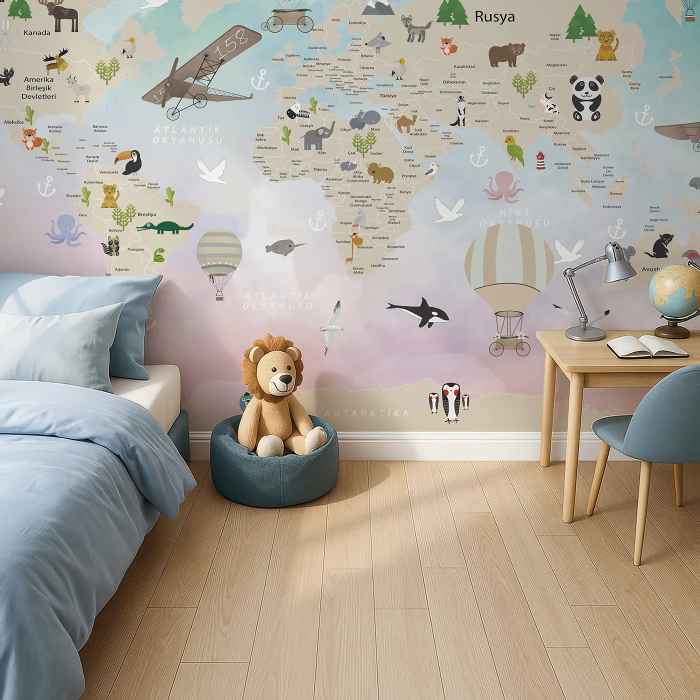 Top-down view of Whimsy Tots' Watercolor Animal World Map Wall Mural (Turn Their Room into a Whimsical, Globe-Trotting Adventure).Gender-Neutral