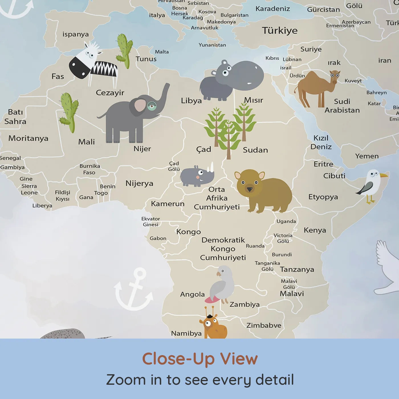 Close-up view of Whimsy Tots' Watercolor Animal World Map Wall Mural (Turn Their Room into a Whimsical, Globe-Trotting Adventure).Gender-Neutral