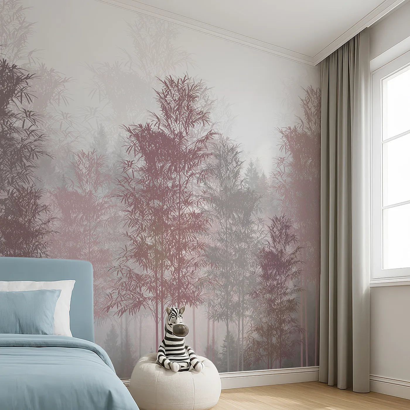 Angled view of Whimsy Tots' Misty Rose Gold Forest Wall Mural (Turn Their Room into a Dreamy, Ethereal Woodland).Gender-Neutral