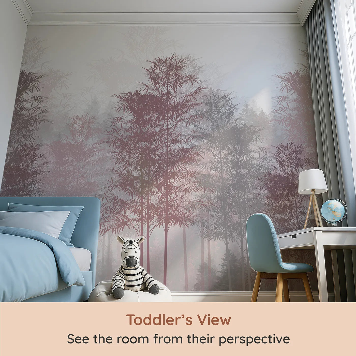 Whimsy Tots Misty Rose Gold Forest Wall Mural (Turn Their Room into a Dreamy, Ethereal Woodland) from your child's view.Gender-Neutral