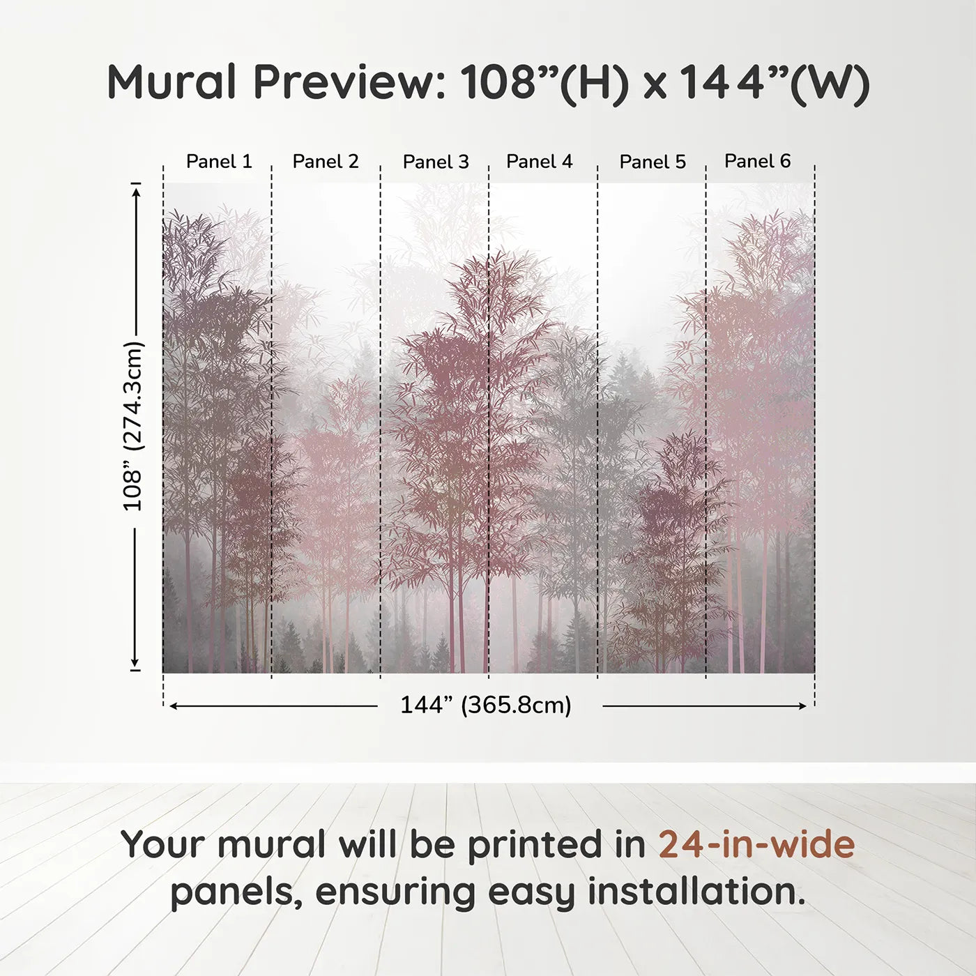 Whimsy Tots Misty Rose Gold Forest Wall Muraldimension view (108" H x 144" W). Printed in six 24-inch-wide panels. Gender-Neutral