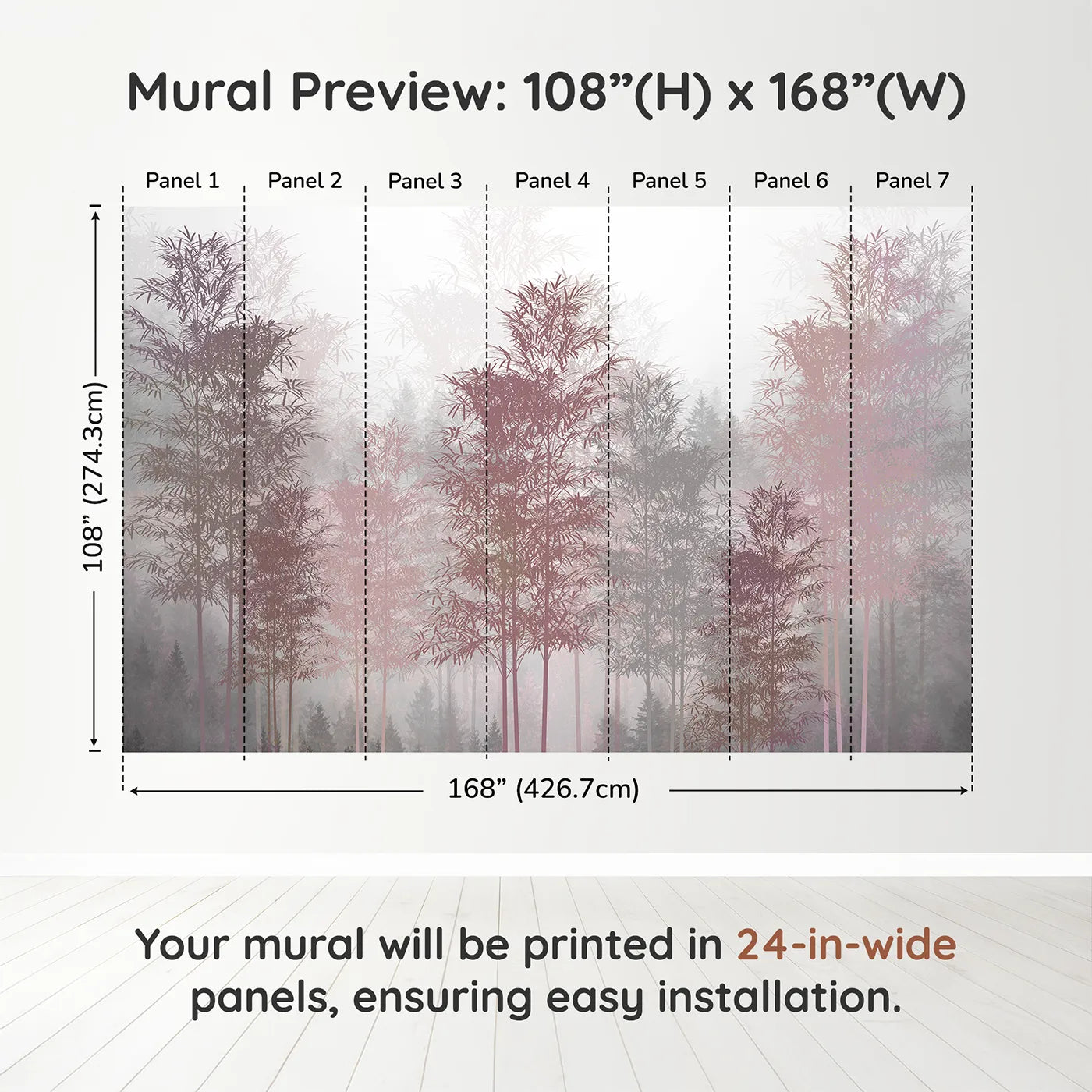 Whimsy Tots Misty Rose Gold Forest Wall Muraldimension view (108" H x 168" W). Printed in seven 24-inch-wide panels. Gender-Neutral