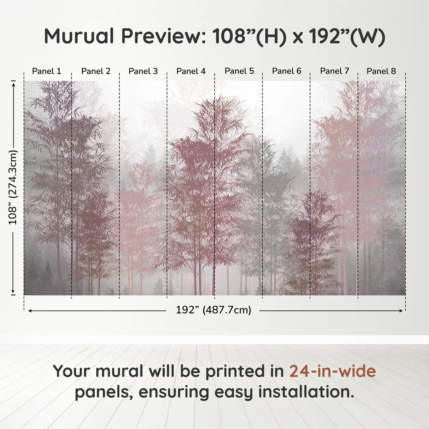 Whimsy Tots Misty Rose Gold Forest Wall Muraldimension view (108" H x 192" W). Printed in eight 24-inch-wide panels. Gender-Neutral