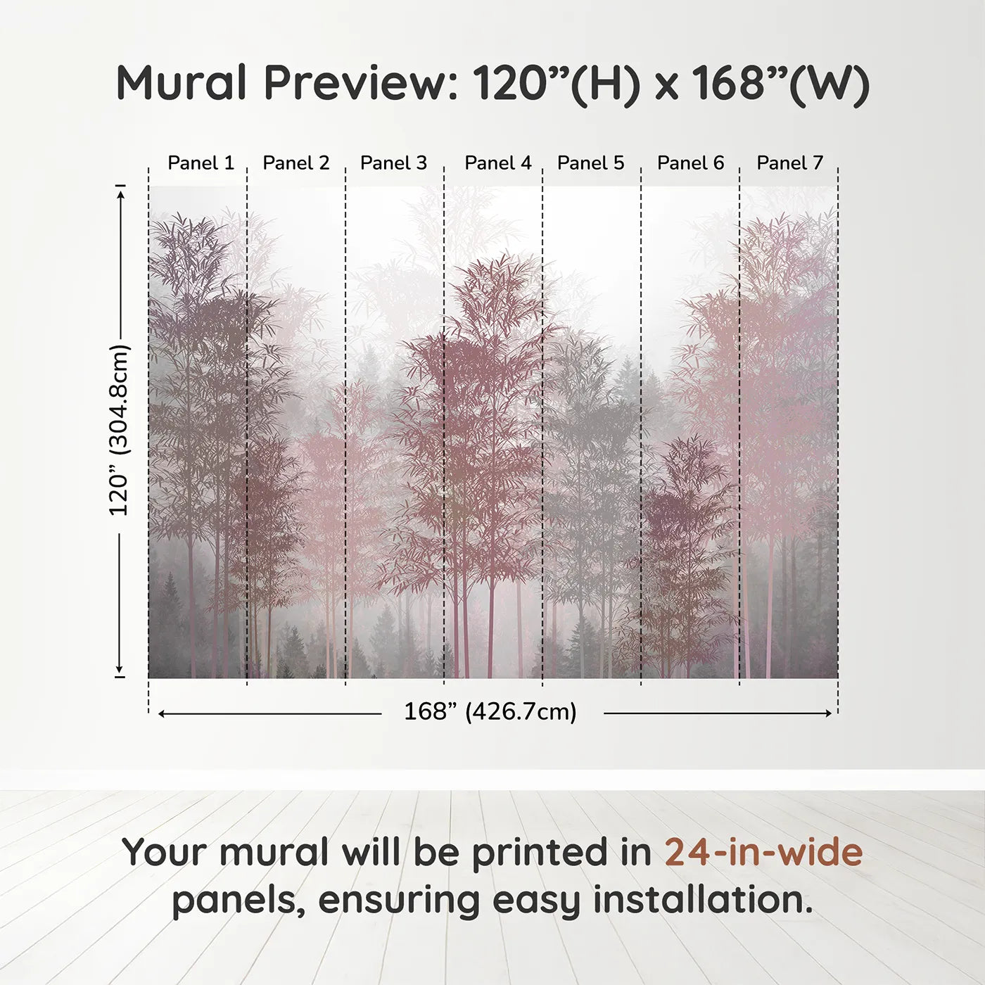 Whimsy Tots Misty Rose Gold Forest Wall Muraldimension view (120" H x 168" W). Printed in seven 24-inch-wide panels. Gender-Neutral