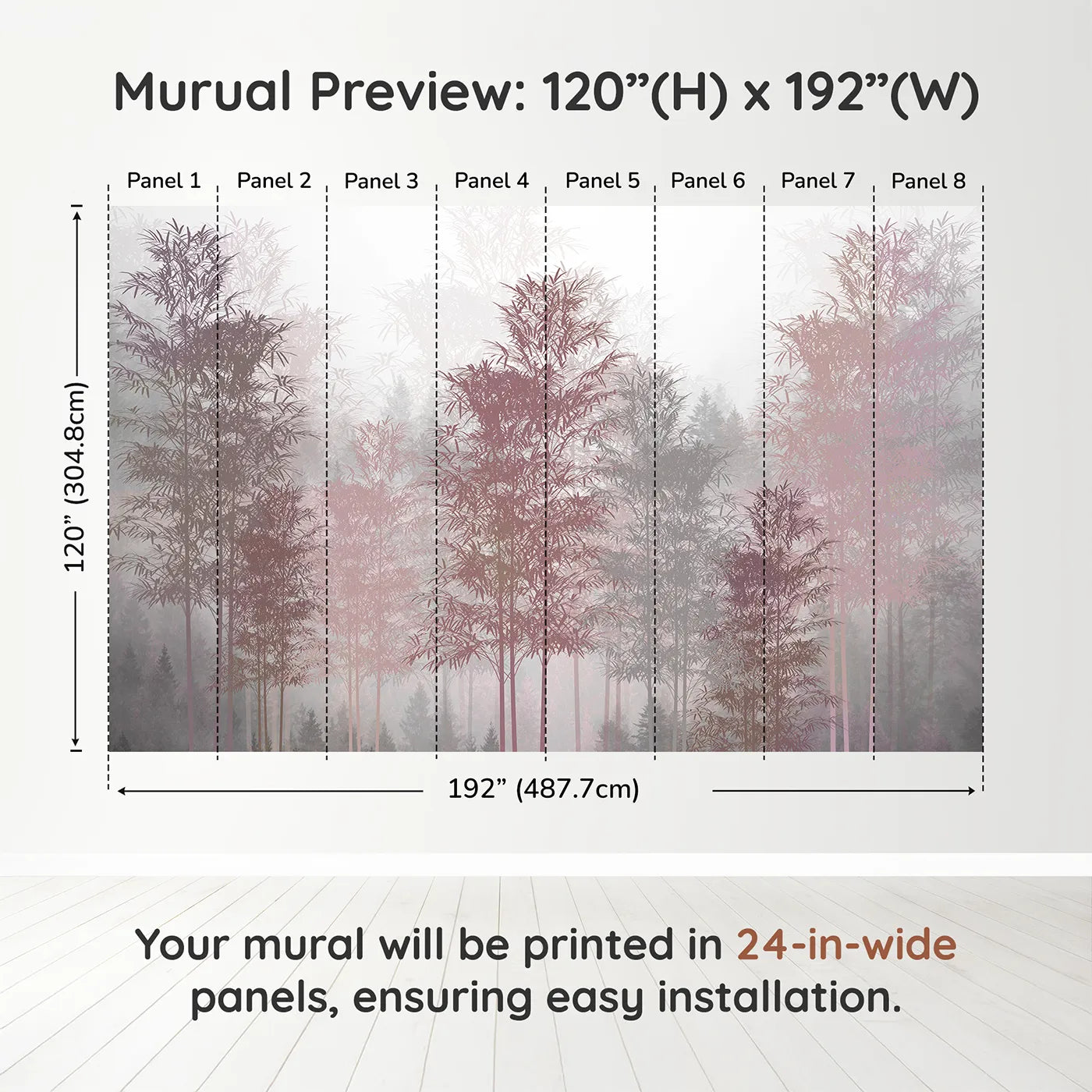 Whimsy Tots Misty Rose Gold Forest Wall Muraldimension view (120" H x 192" W). Printed in eight 24-inch-wide panels. Gender-Neutral