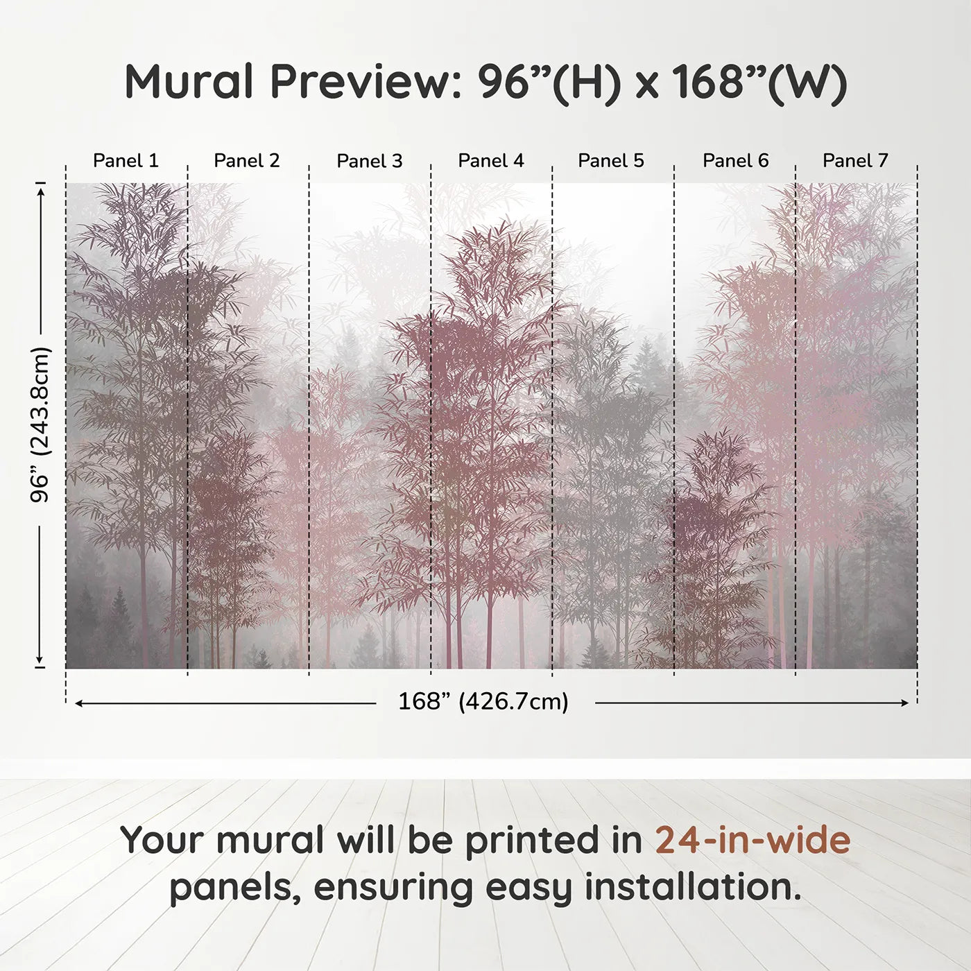 Whimsy Tots Misty Rose Gold Forest Wall Muraldimension view (96" H x 168" W). Printed in seven 24-inch-wide panels. Gender-Neutral