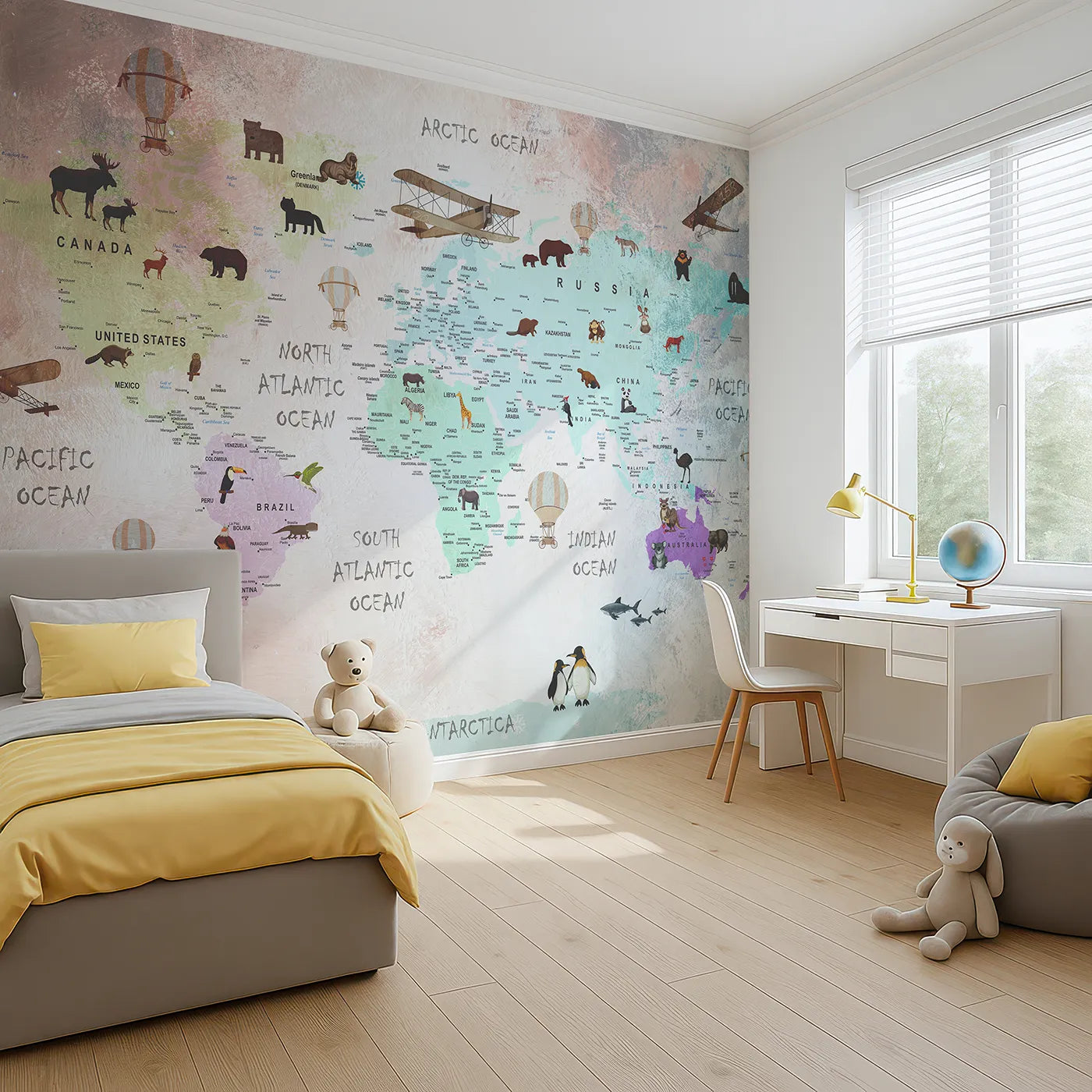 Angled view of Whimsy Tots' Painted World Explorer Map Wall Mural (Turn Their Room into a Grand, Artistic Adventure).Gender-Neutral