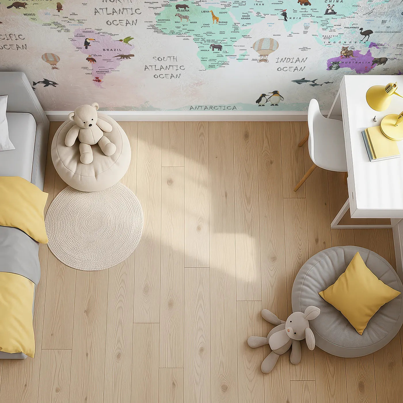 Top-down view of Whimsy Tots' Painted World Explorer Map Wall Mural (Turn Their Room into a Grand, Artistic Adventure).Gender-Neutral