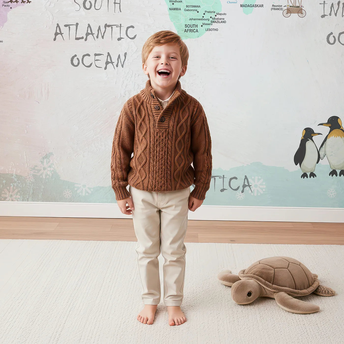 Child in front of Whimsy Tots Painted World Explorer Map Wall Mural with map, world, animal, vintage, painted, travel, educational, artistic in design.