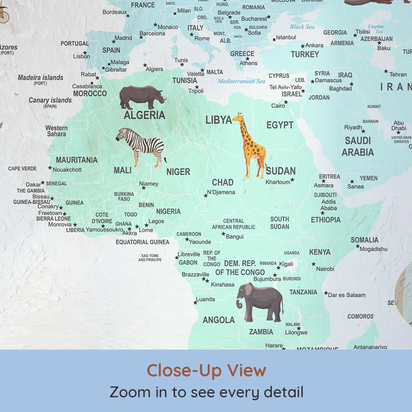 Close-up view of Whimsy Tots' Painted World Explorer Map Wall Mural (Turn Their Room into a Grand, Artistic Adventure).Gender-Neutral