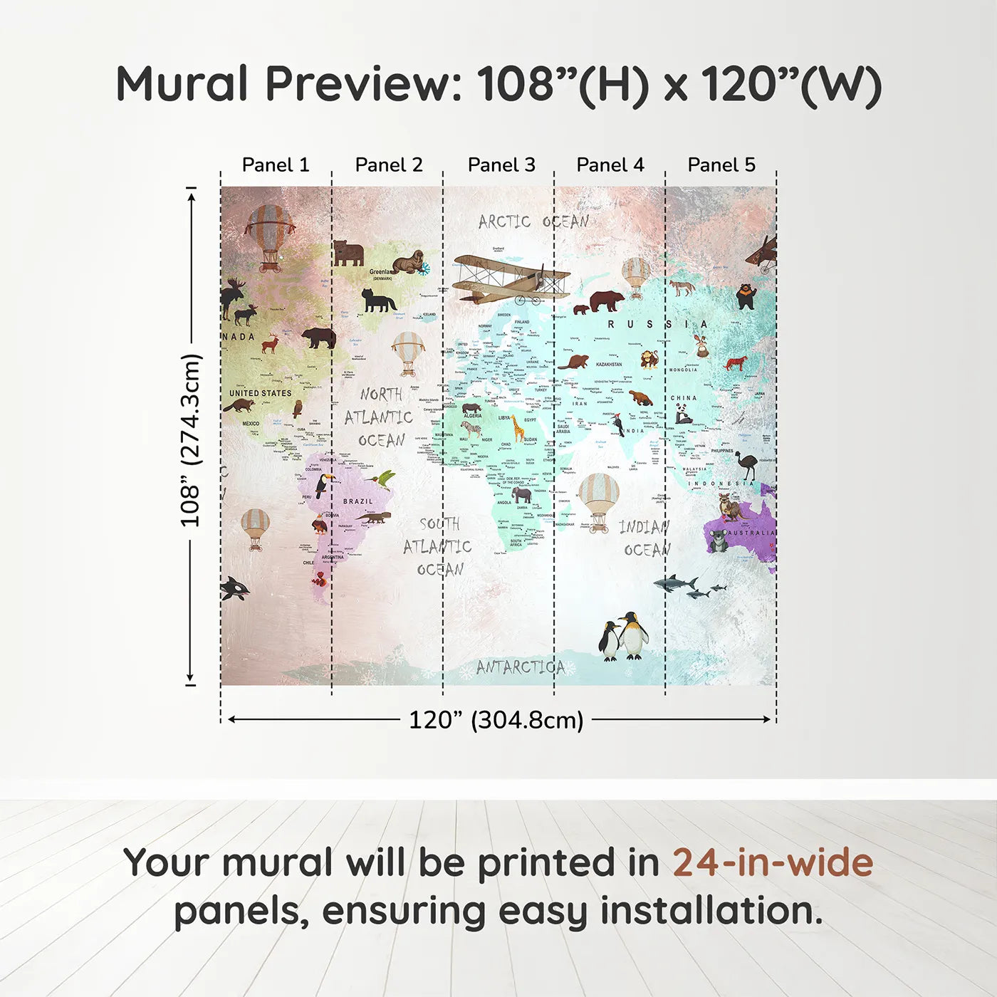 Whimsy Tots Painted World Explorer Map Wall Muraldimension view (108" H x 120" W). Printed in five 24-inch-wide panels. Gender-Neutral
