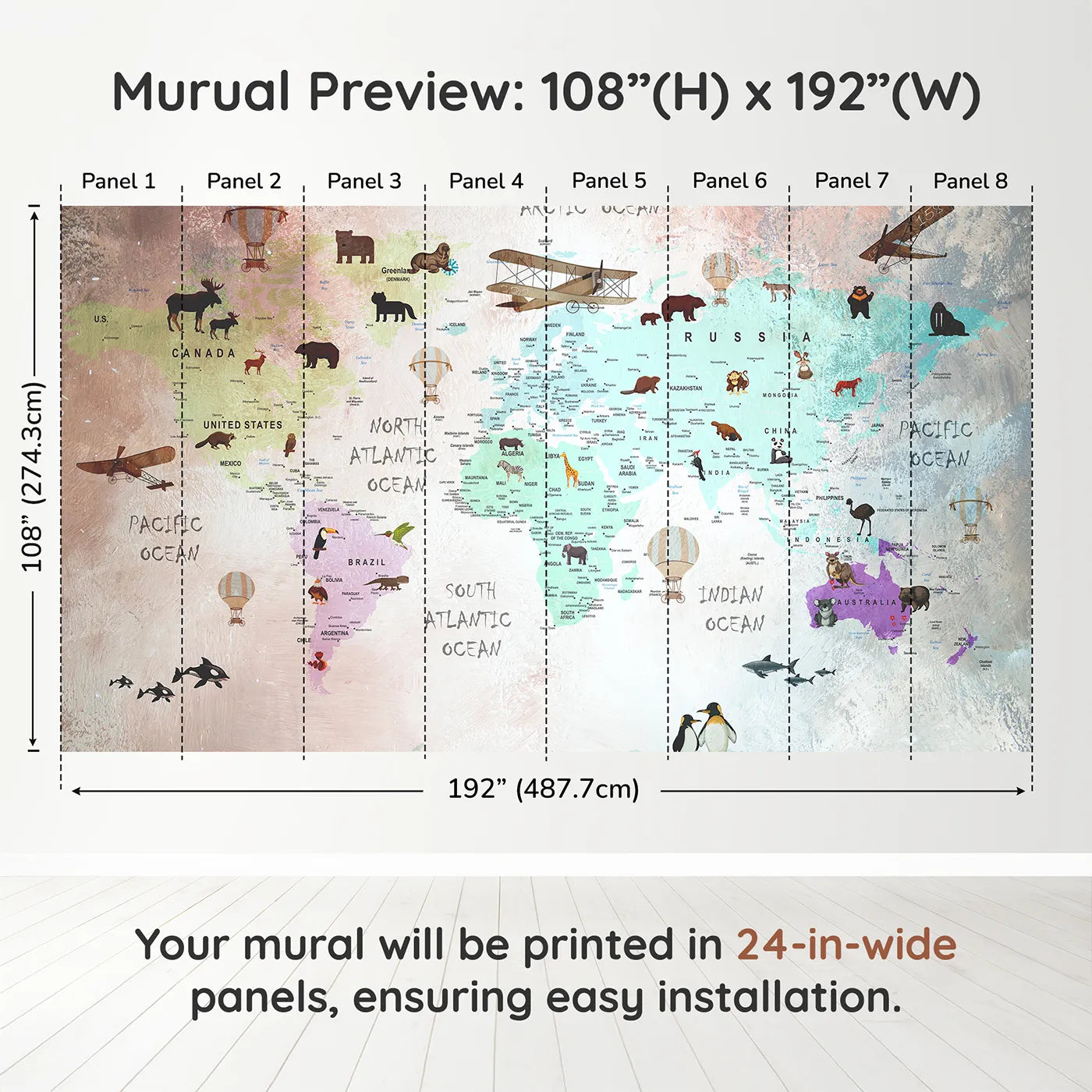Whimsy Tots Painted World Explorer Map Wall Muraldimension view (108" H x 192" W). Printed in eight 24-inch-wide panels. Gender-Neutral