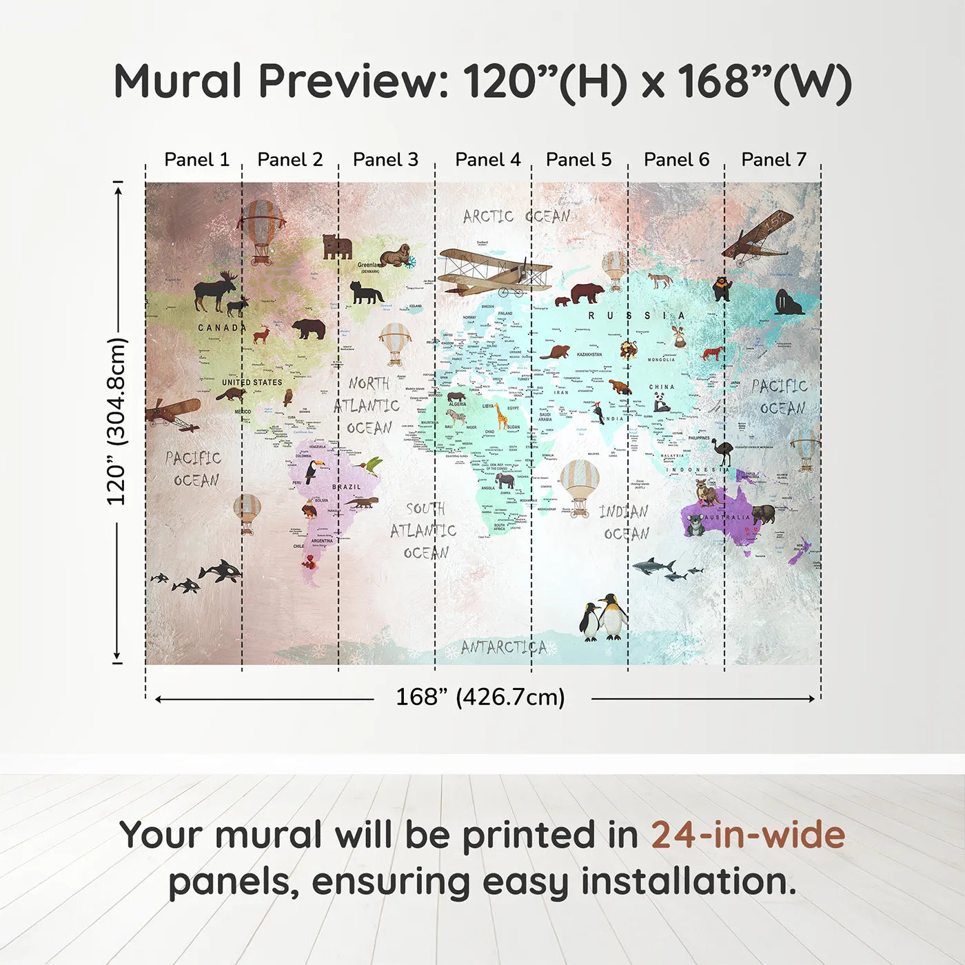 Whimsy Tots Painted World Explorer Map Wall Muraldimension view (120" H x 168" W). Printed in seven 24-inch-wide panels. Gender-Neutral