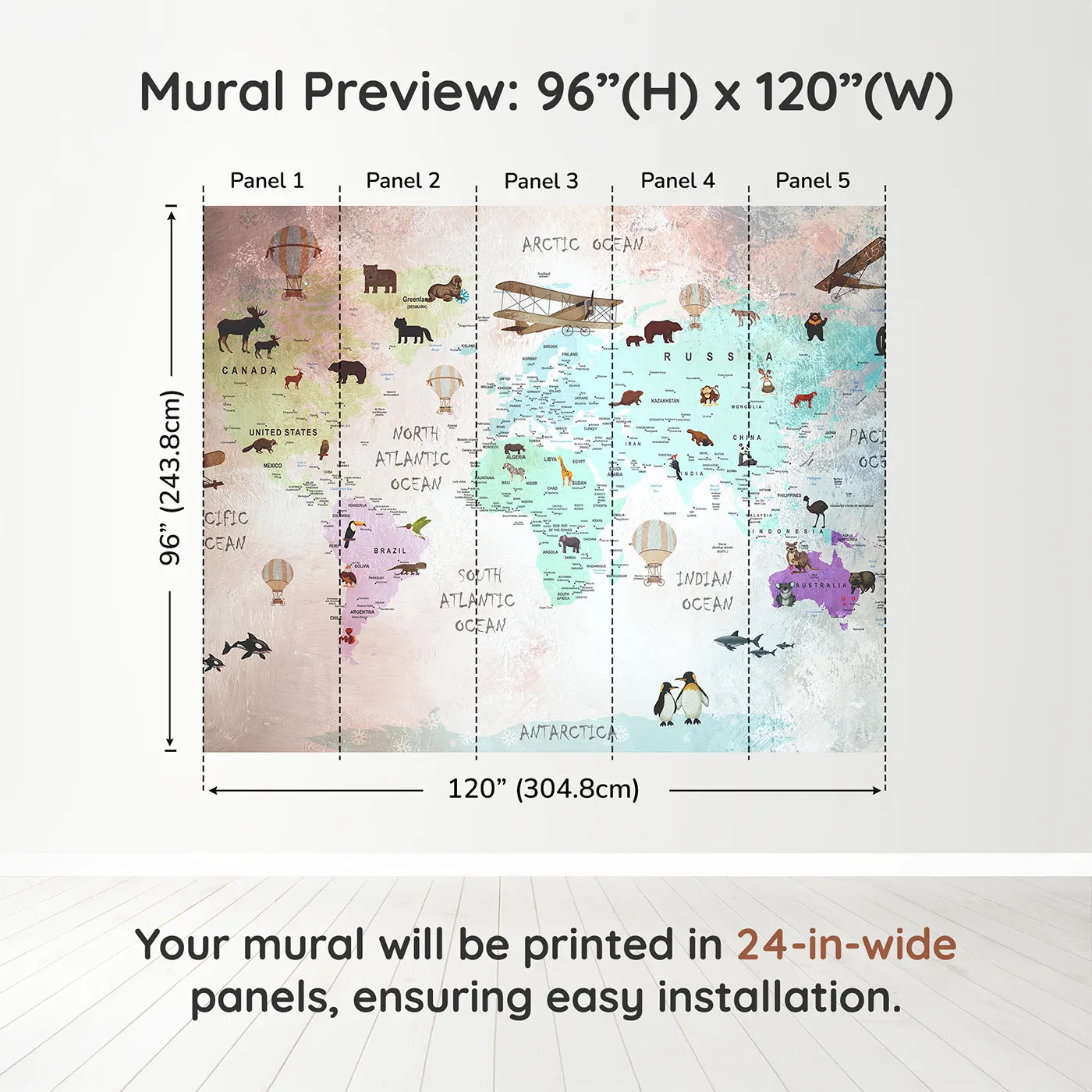 Whimsy Tots Painted World Explorer Map Wall Muraldimension view (96" H x 120" W). Printed in five 24-inch-wide panels. Gender-Neutral