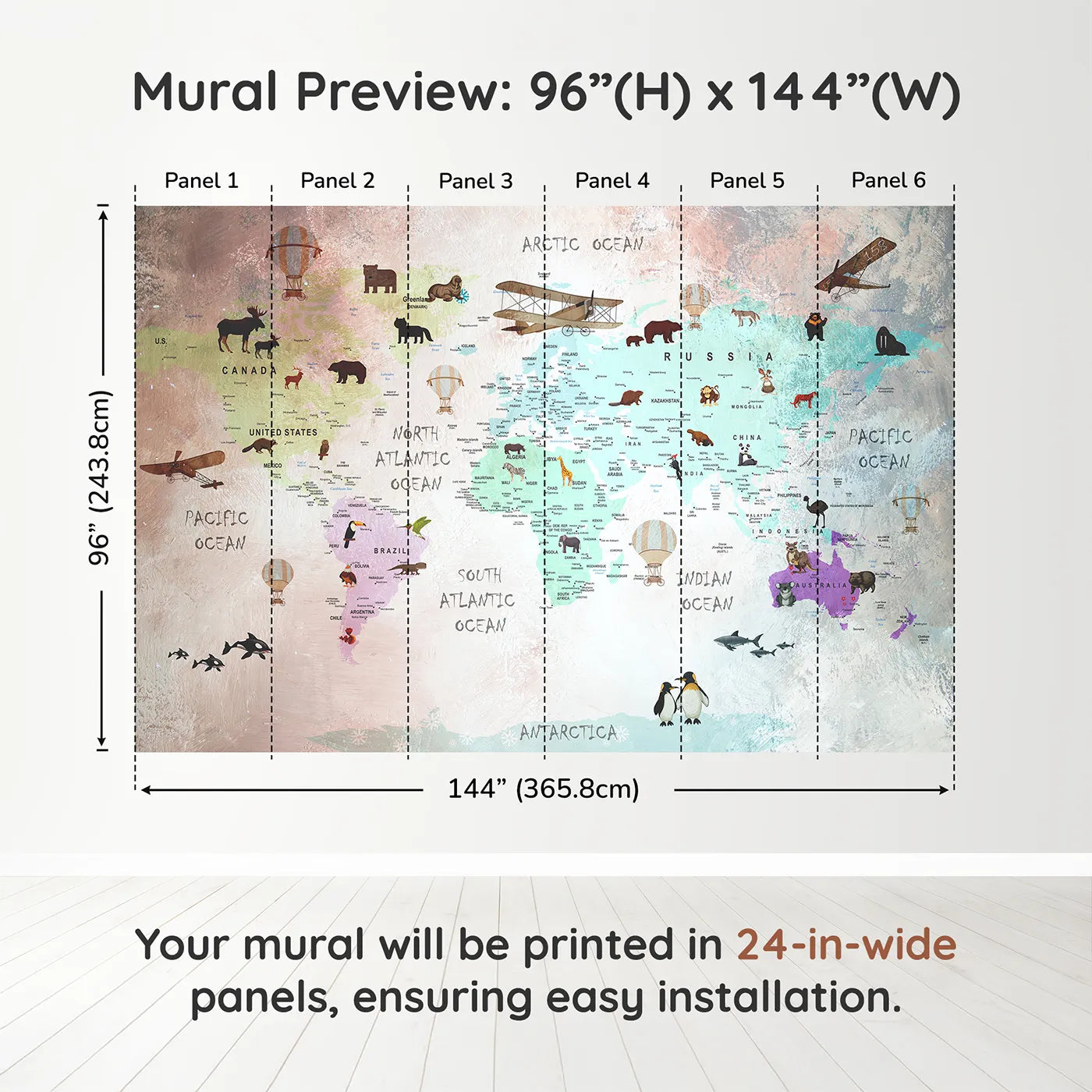 Whimsy Tots Painted World Explorer Map Wall Muraldimension view (96" H x 144" W). Printed in six 24-inch-wide panels. Gender-Neutral