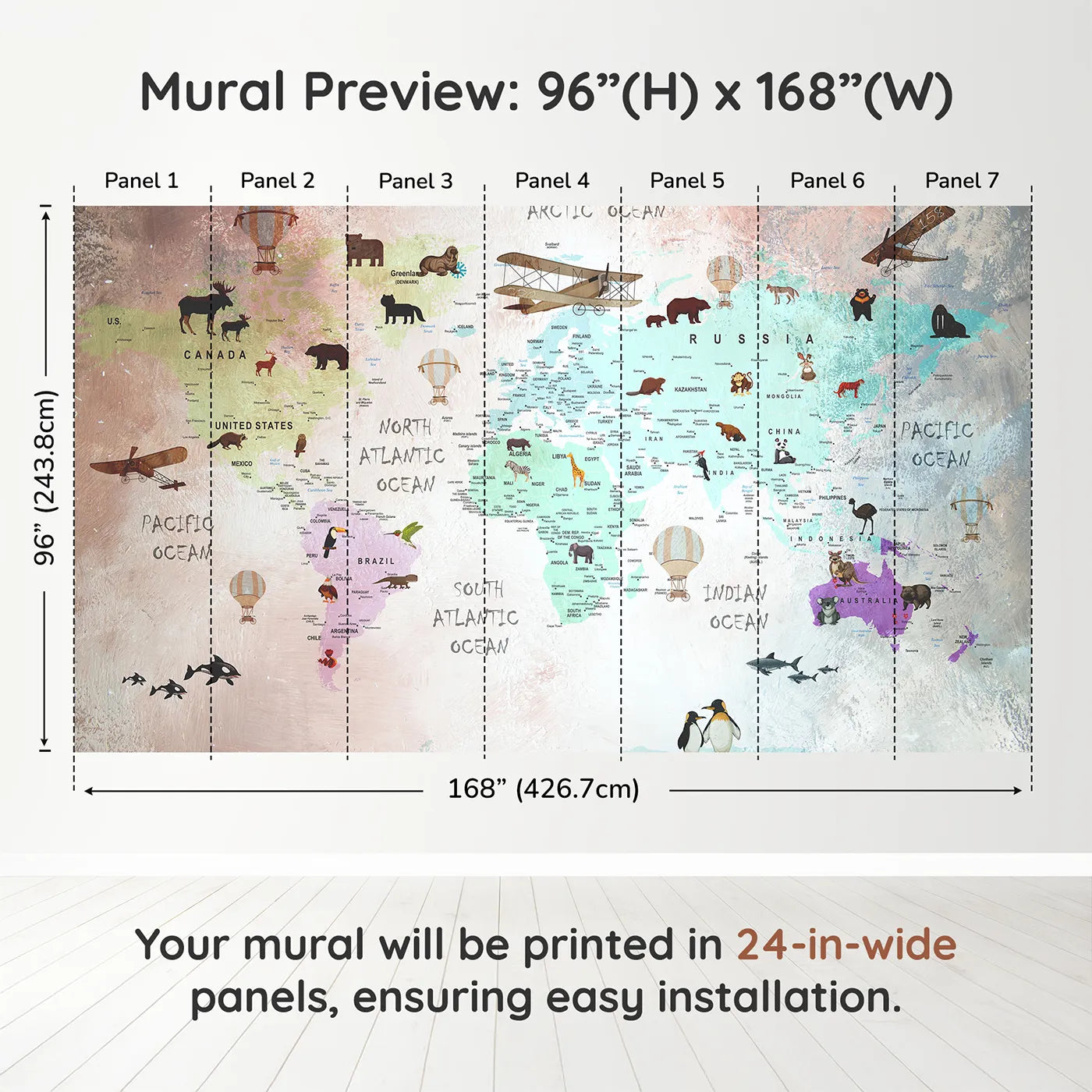 Whimsy Tots Painted World Explorer Map Wall Muraldimension view (96" H x 168" W). Printed in seven 24-inch-wide panels. Gender-Neutral