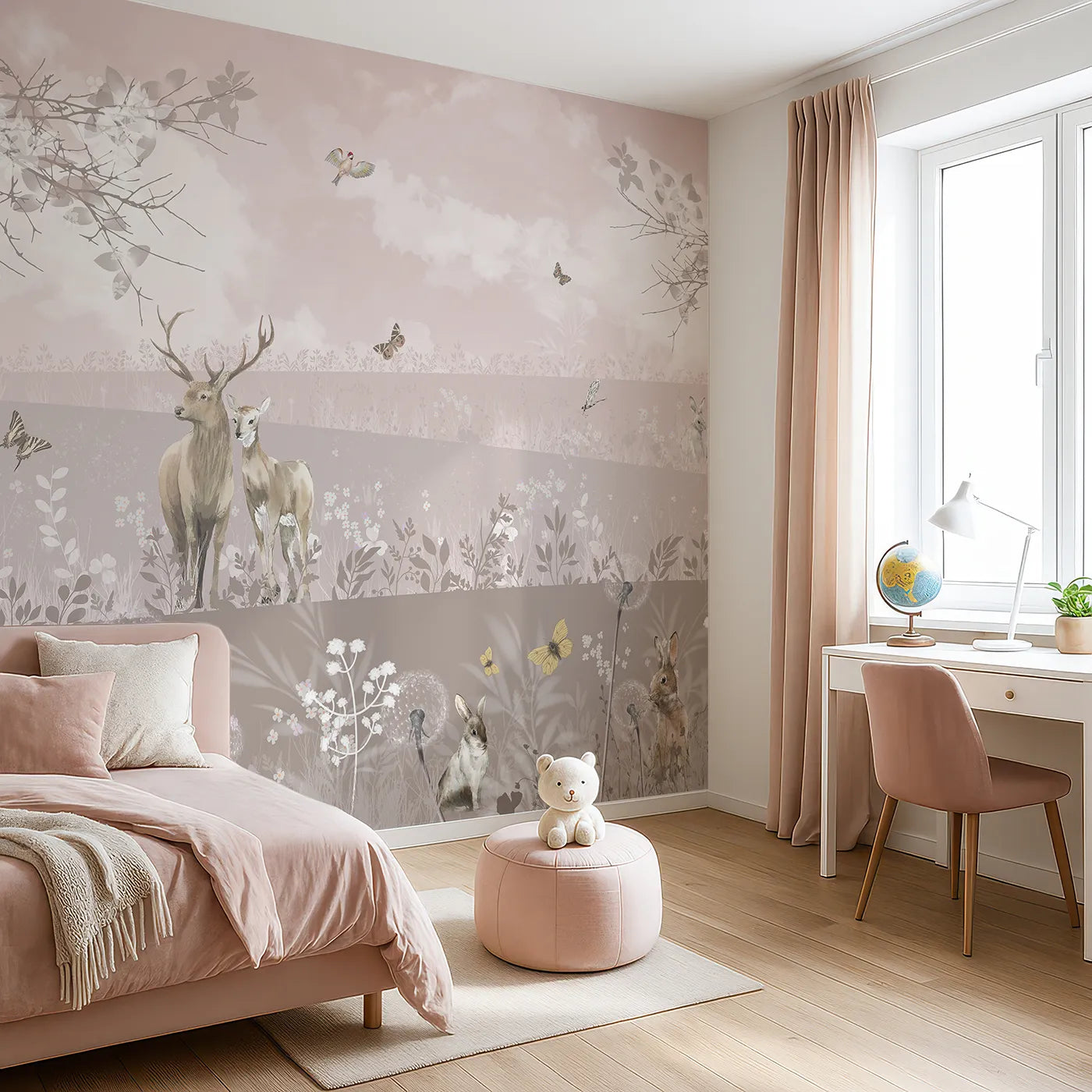 Angled view of Whimsy Tots' Dusty Rose Meadow Wall Mural (Turn Their Room into a Field of Gentle, Romantic Dreams).Gender-Neutral