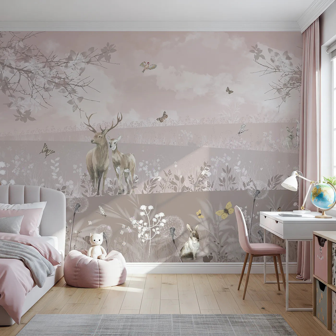 Front view of Whimsy Tots' Dusty Rose Meadow Wall Mural