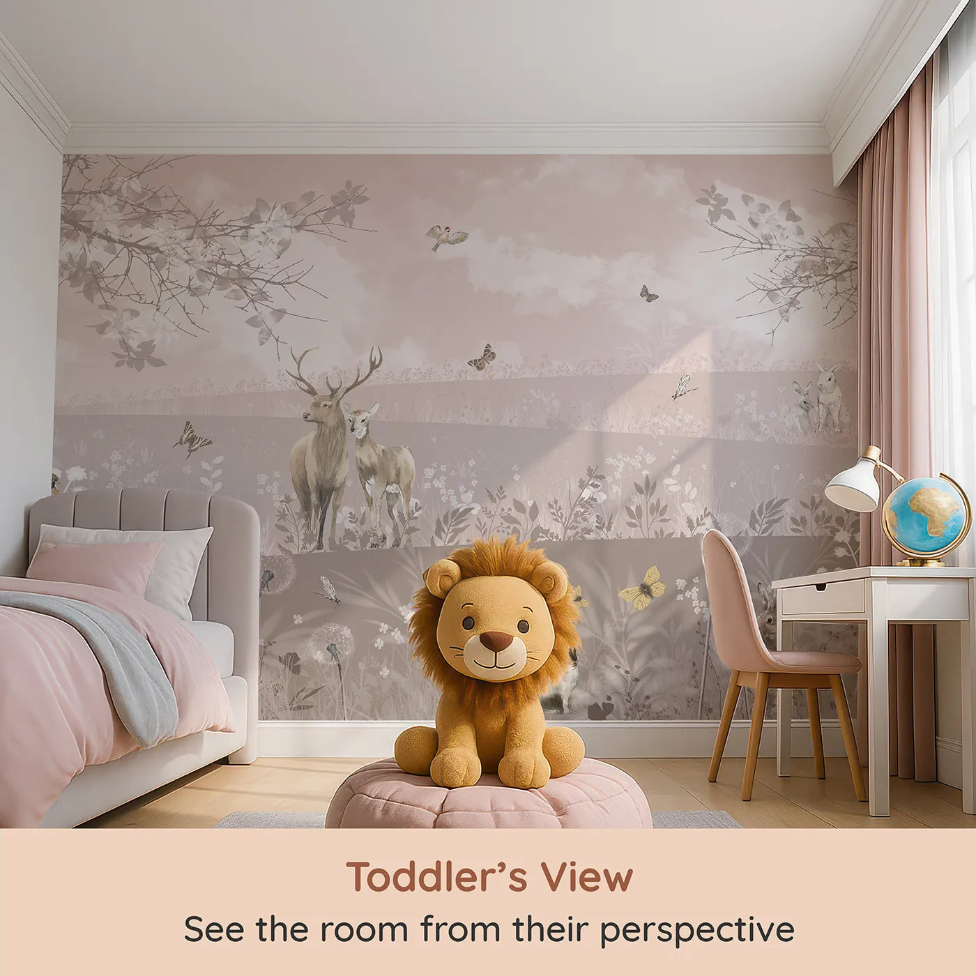 Whimsy Tots Dusty Rose Meadow Wall Mural (Turn Their Room into a Field of Gentle, Romantic Dreams) from your child's view.Gender-Neutral