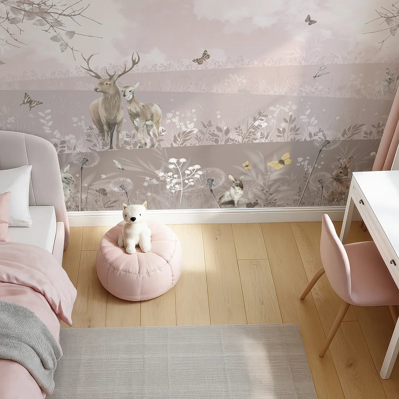 Top-down view of Whimsy Tots' Dusty Rose Meadow Wall Mural (Turn Their Room into a Field of Gentle, Romantic Dreams).Gender-Neutral
