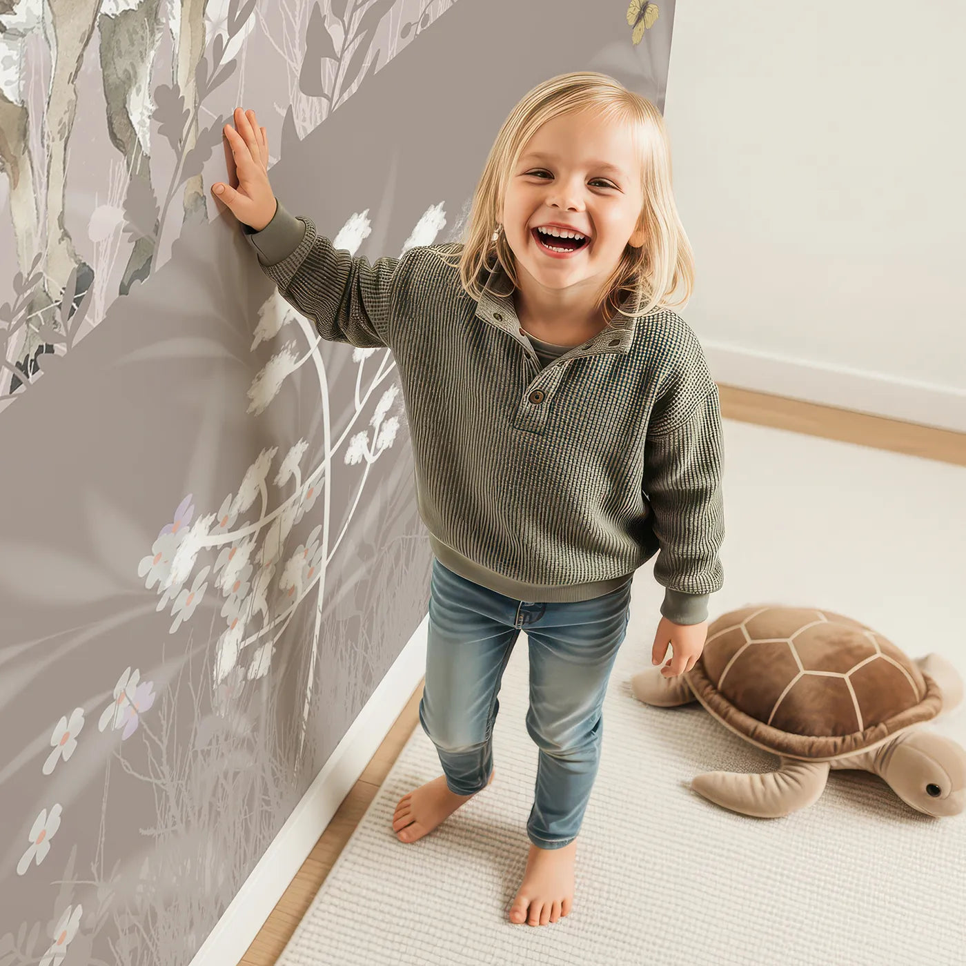 Child in front of Whimsy Tots Dusty Rose Meadow Wall Mural with deer, rabbit, meadow, pink, vintage, flower, romantic, animal in design.