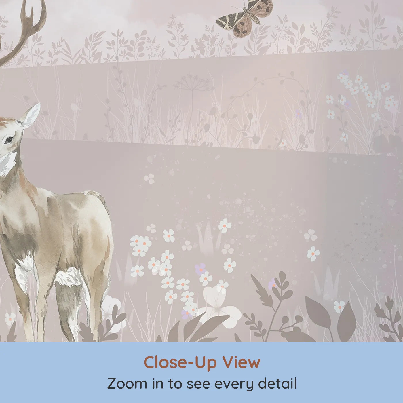 Close-up view of Whimsy Tots' Dusty Rose Meadow Wall Mural (Turn Their Room into a Field of Gentle, Romantic Dreams).Gender-Neutral