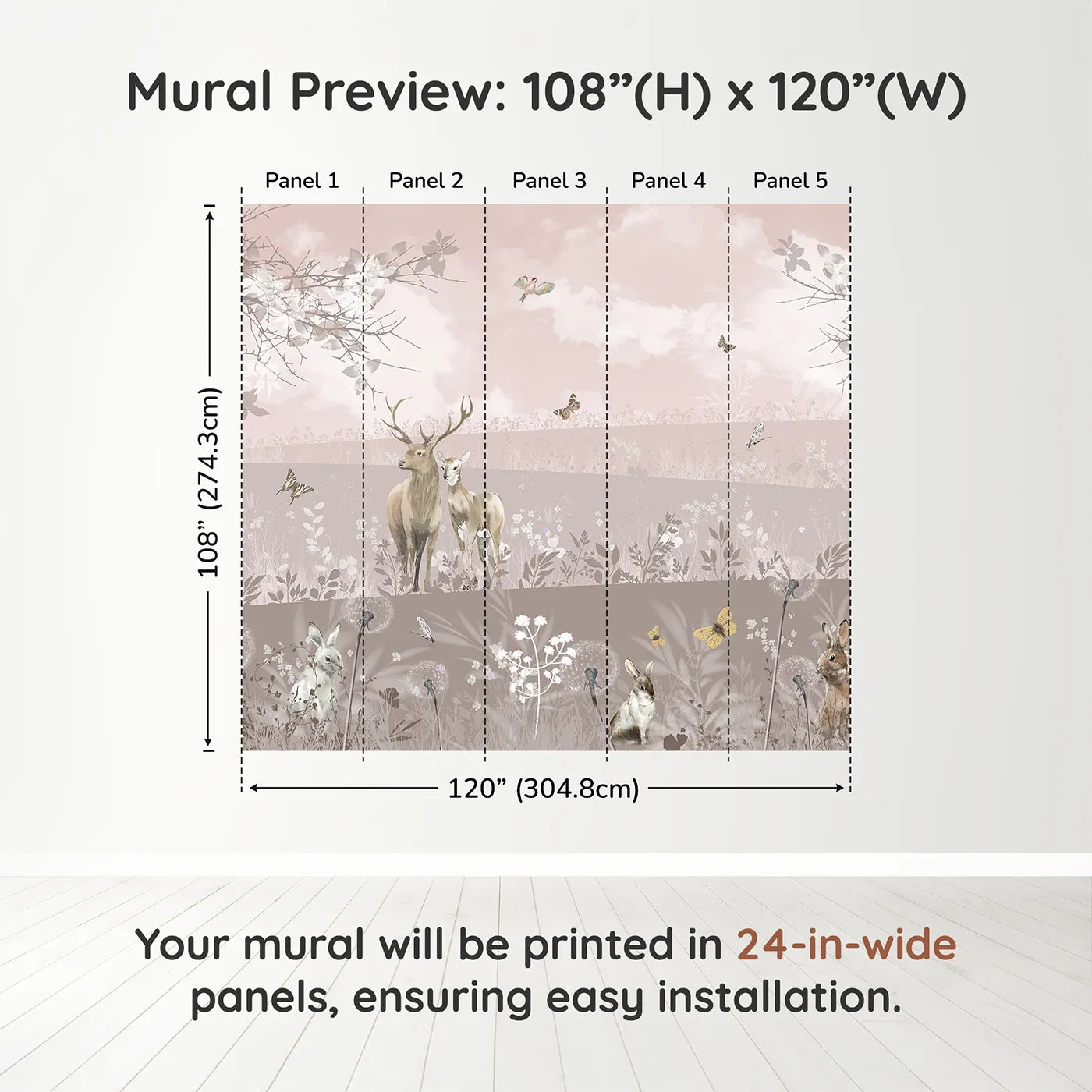 Whimsy Tots Dusty Rose Meadow Wall Muraldimension view (108" H x 120" W). Printed in five 24-inch-wide panels. Gender-Neutral