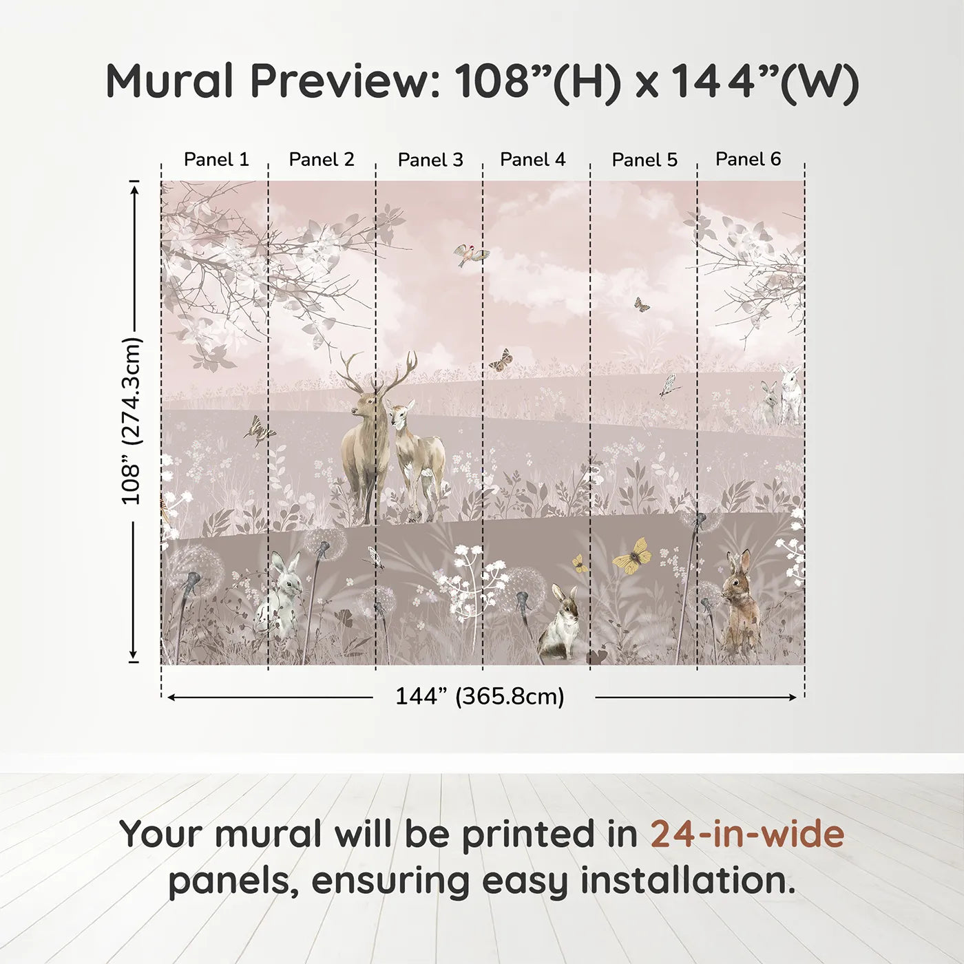 Whimsy Tots Dusty Rose Meadow Wall Muraldimension view (108" H x 144" W). Printed in six 24-inch-wide panels. Gender-Neutral