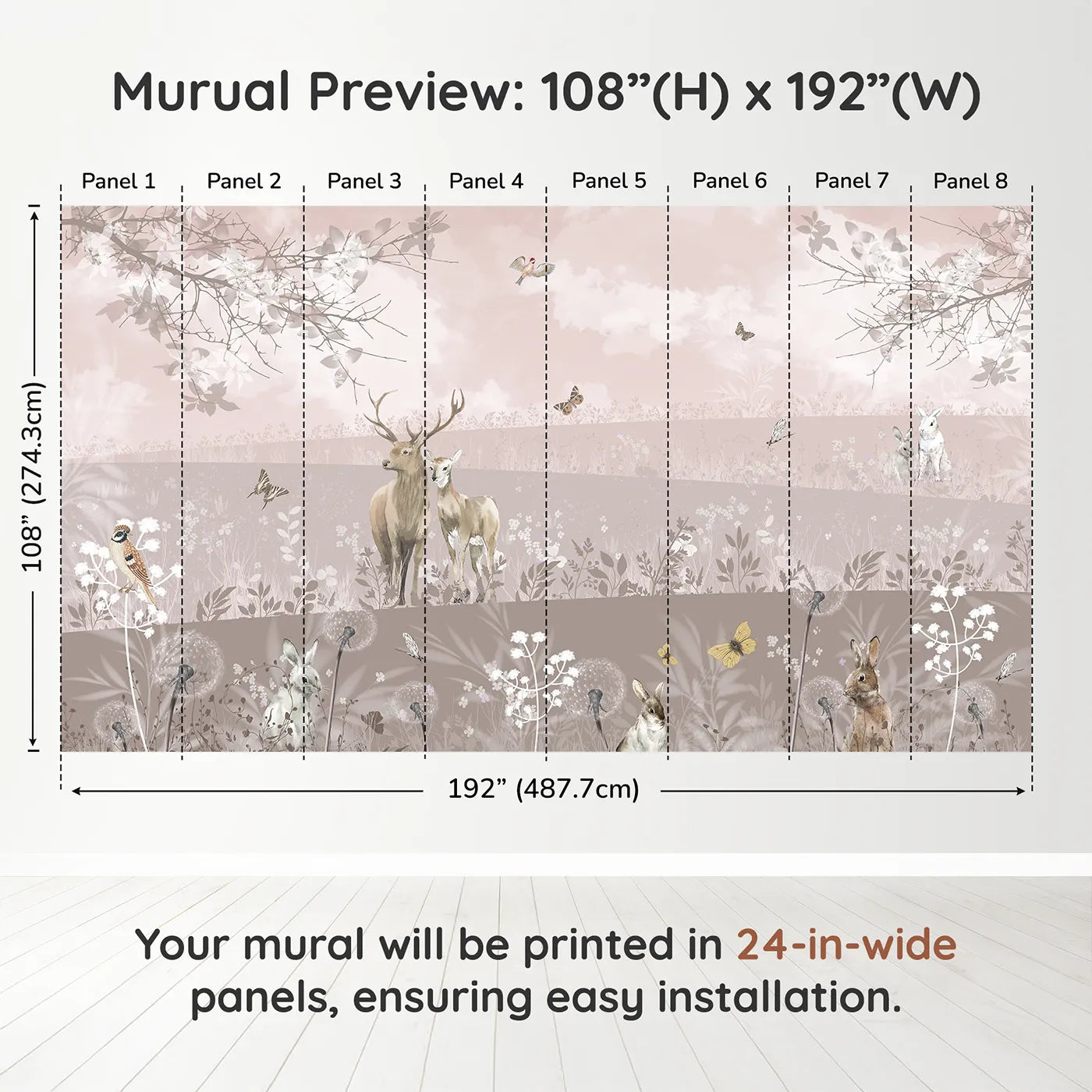 Whimsy Tots Dusty Rose Meadow Wall Muraldimension view (108" H x 192" W). Printed in eight 24-inch-wide panels. Gender-Neutral