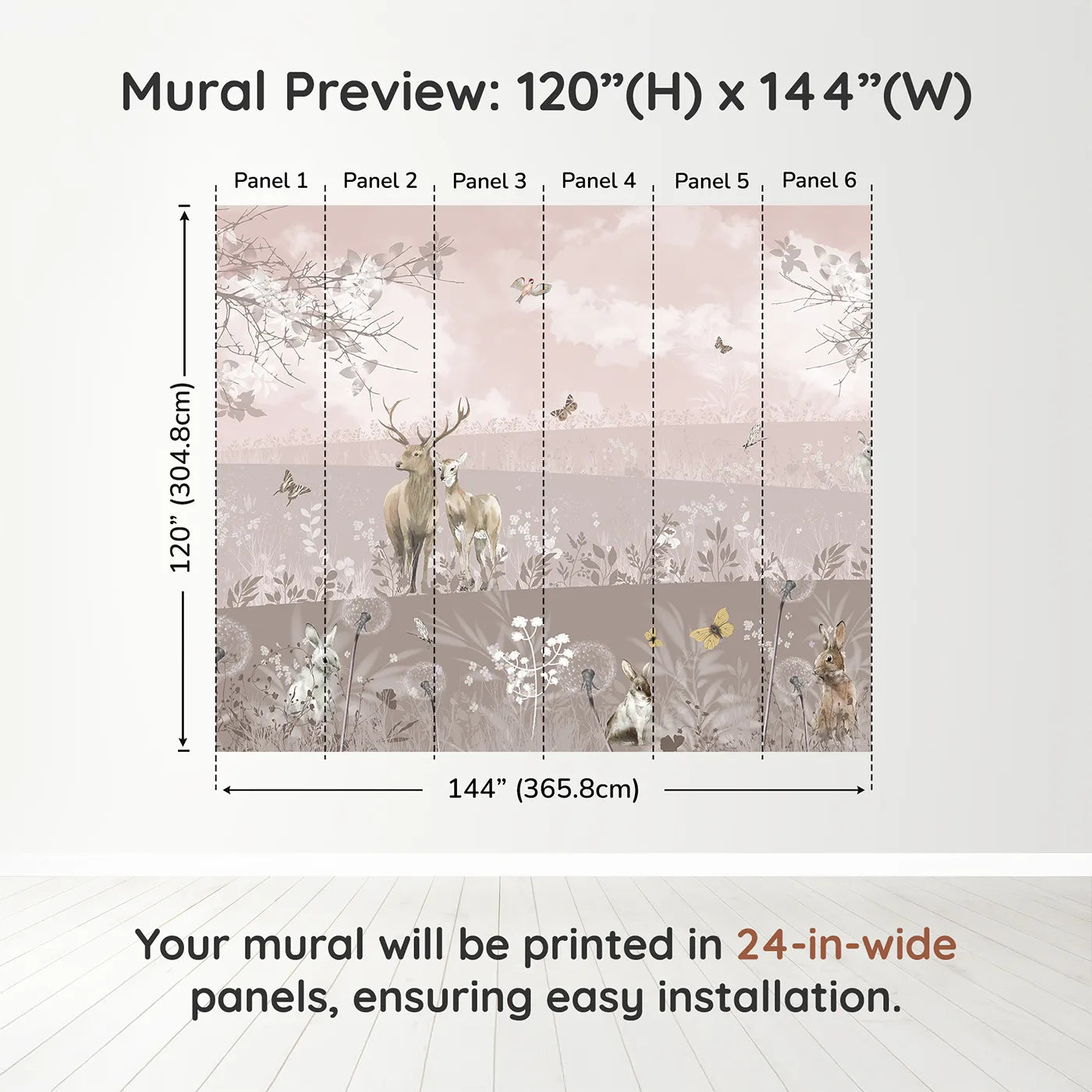 Whimsy Tots Dusty Rose Meadow Wall Muraldimension view (120" H x 144" W). Printed in six 24-inch-wide panels. Gender-Neutral