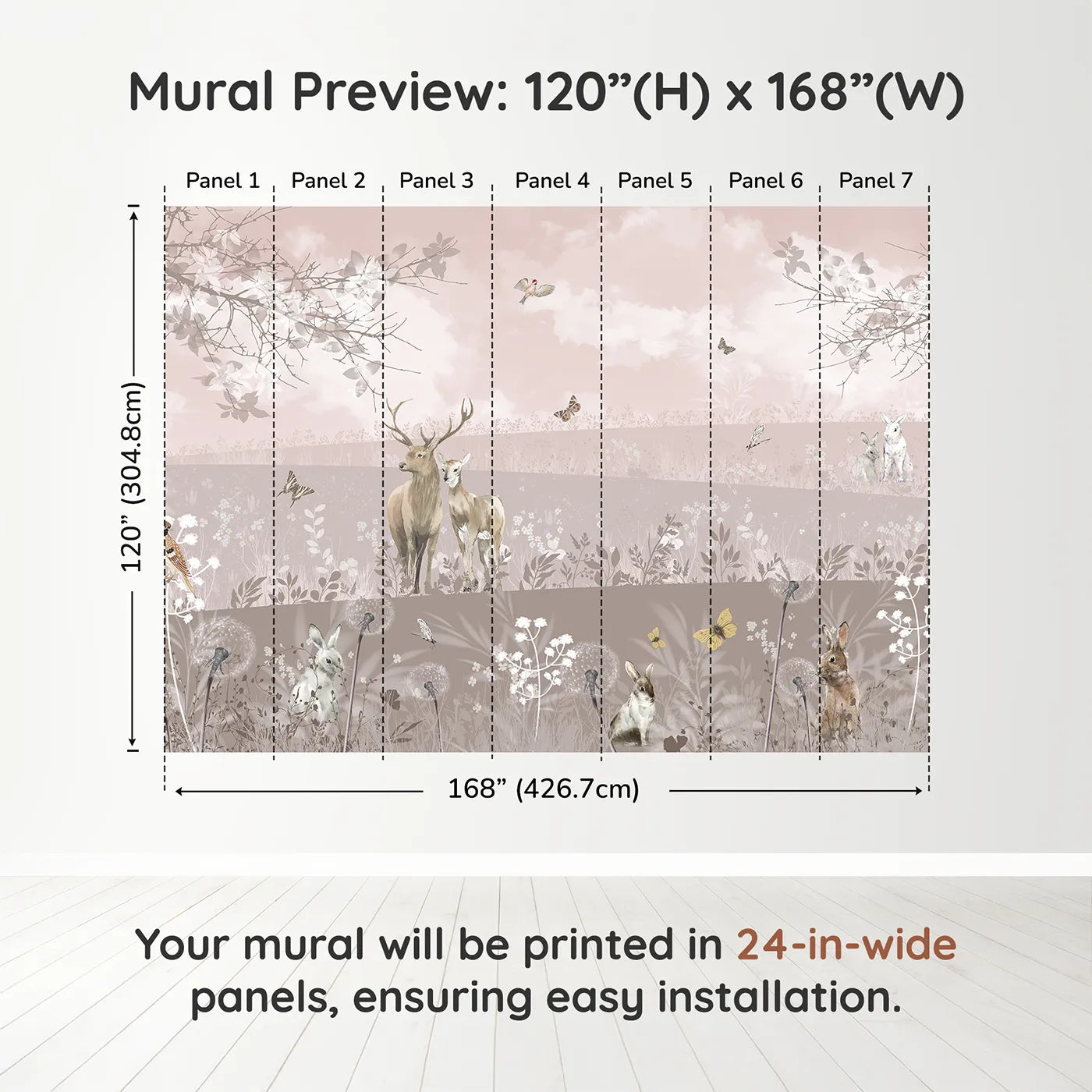 Whimsy Tots Dusty Rose Meadow Wall Muraldimension view (120" H x 168" W). Printed in seven 24-inch-wide panels. Gender-Neutral