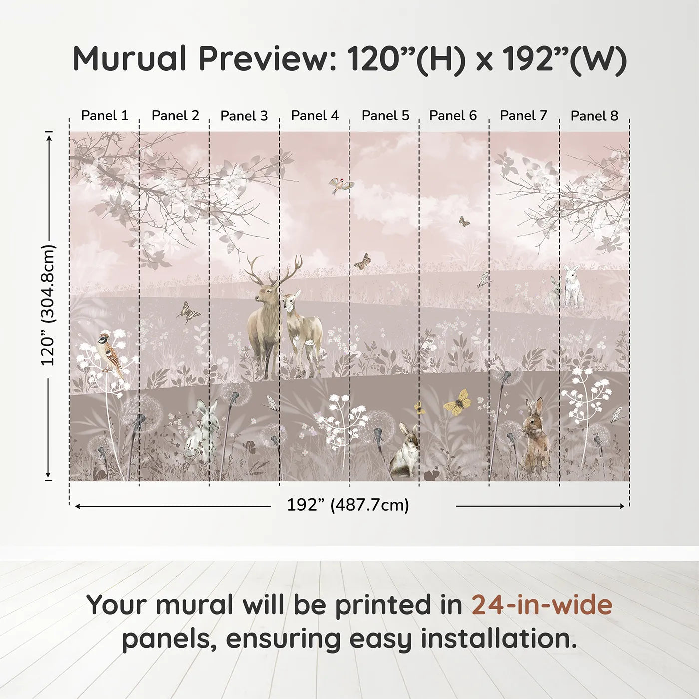 Whimsy Tots Dusty Rose Meadow Wall Muraldimension view (120" H x 192" W). Printed in eight 24-inch-wide panels. Gender-Neutral