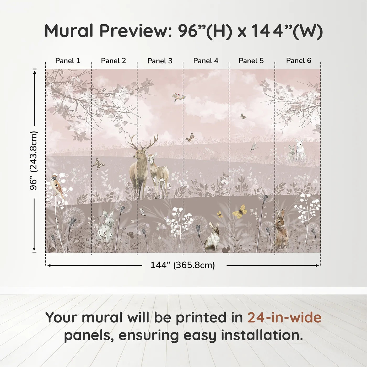 Whimsy Tots Dusty Rose Meadow Wall Muraldimension view (96" H x 144" W). Printed in six 24-inch-wide panels. Gender-Neutral