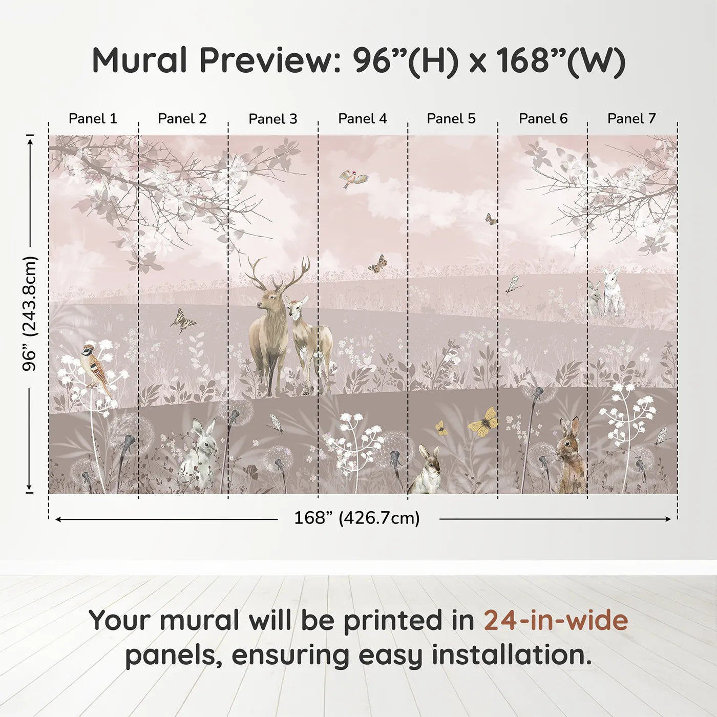 Whimsy Tots Dusty Rose Meadow Wall Muraldimension view (96" H x 168" W). Printed in seven 24-inch-wide panels. Gender-Neutral