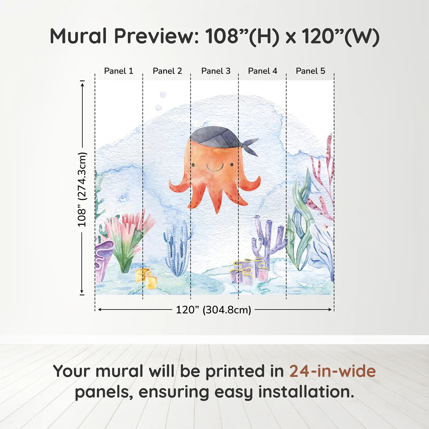 Whimsy Tots Pirate Octopus Wall Muraldimension view (108" H x 120" W). Printed in five 24-inch-wide panels. Gender-Neutral