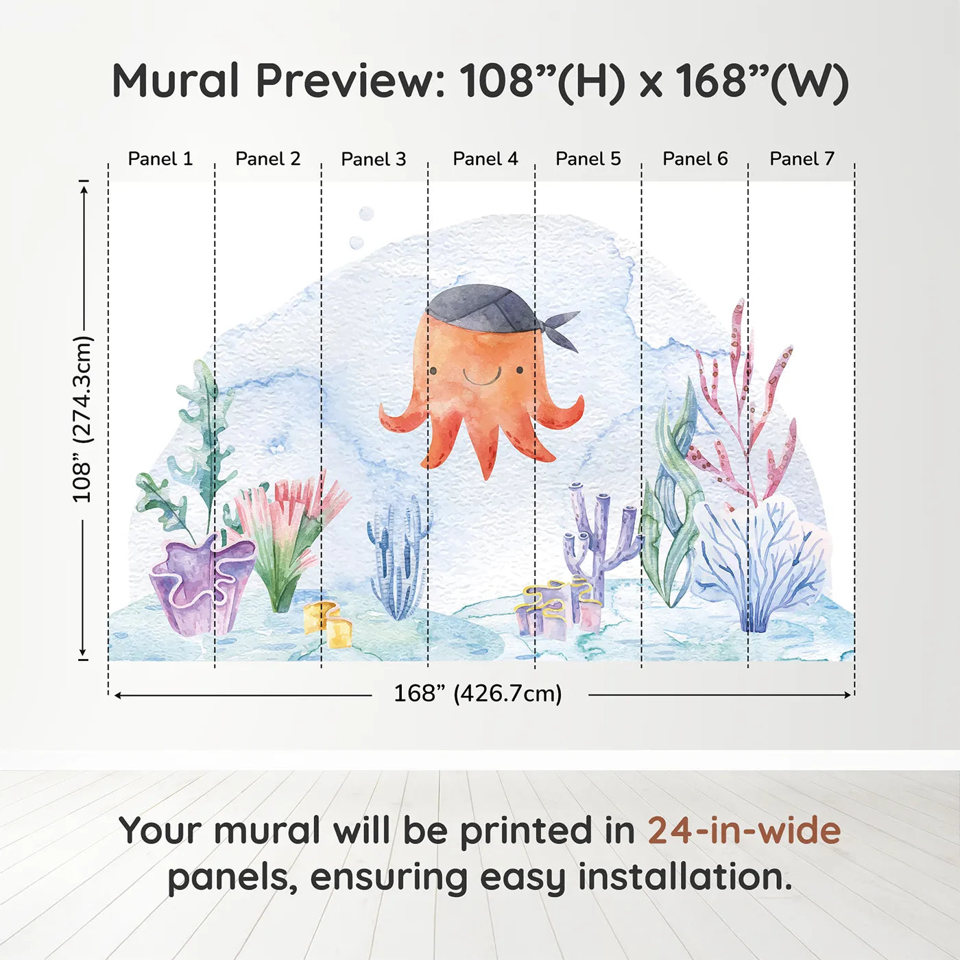 Whimsy Tots Pirate Octopus Wall Muraldimension view (108" H x 168" W). Printed in seven 24-inch-wide panels. Gender-Neutral