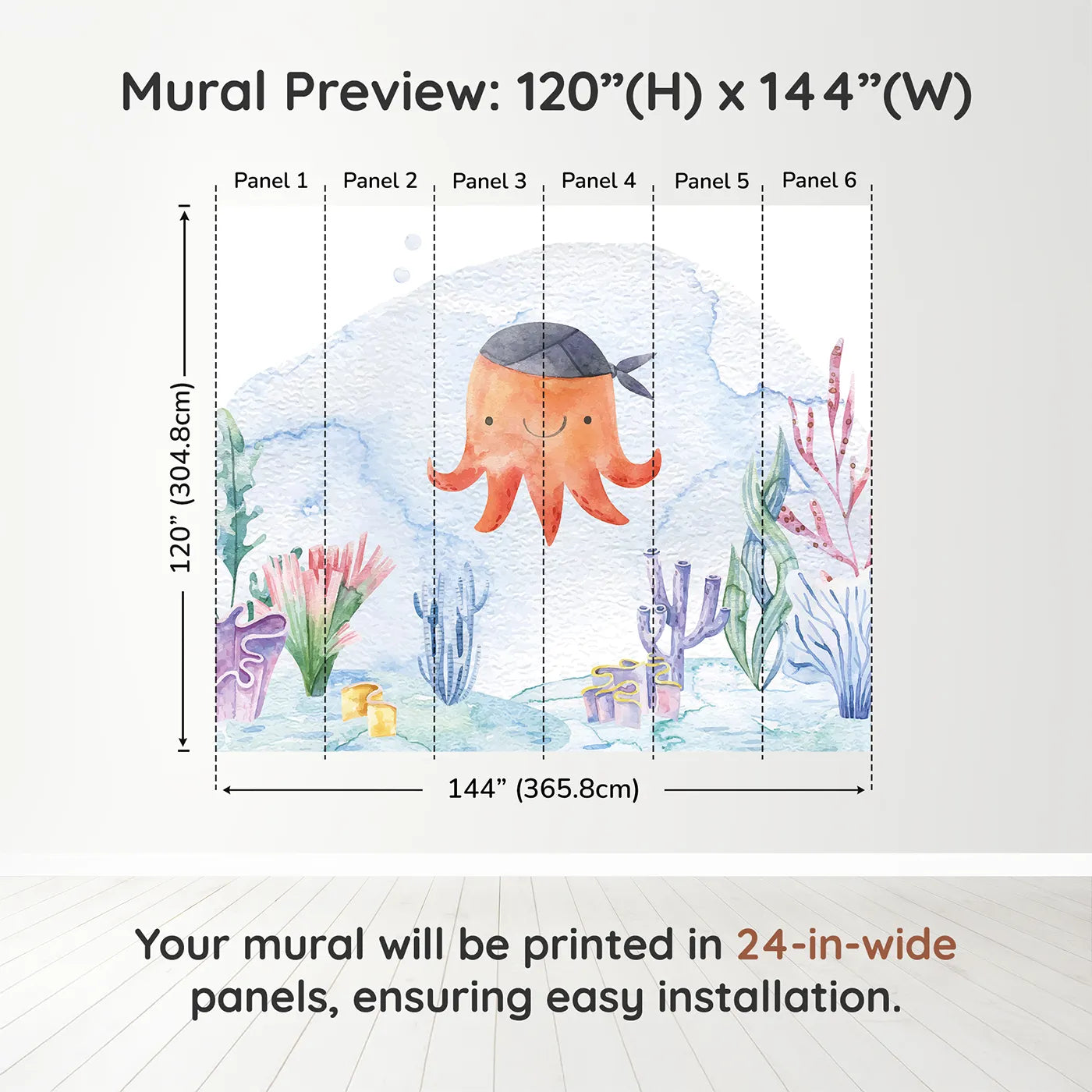 Whimsy Tots Pirate Octopus Wall Muraldimension view (120" H x 144" W). Printed in six 24-inch-wide panels. Gender-Neutral