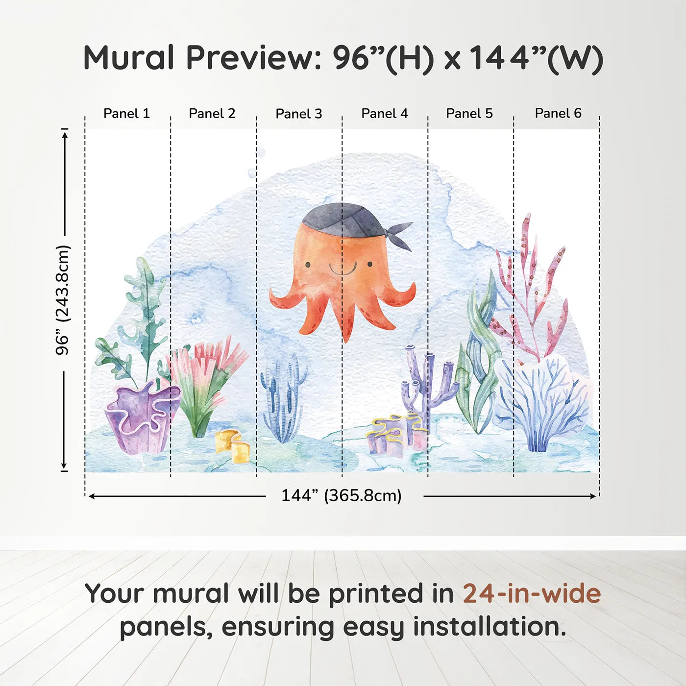 Whimsy Tots Pirate Octopus Wall Muraldimension view (96" H x 144" W). Printed in six 24-inch-wide panels. Gender-Neutral