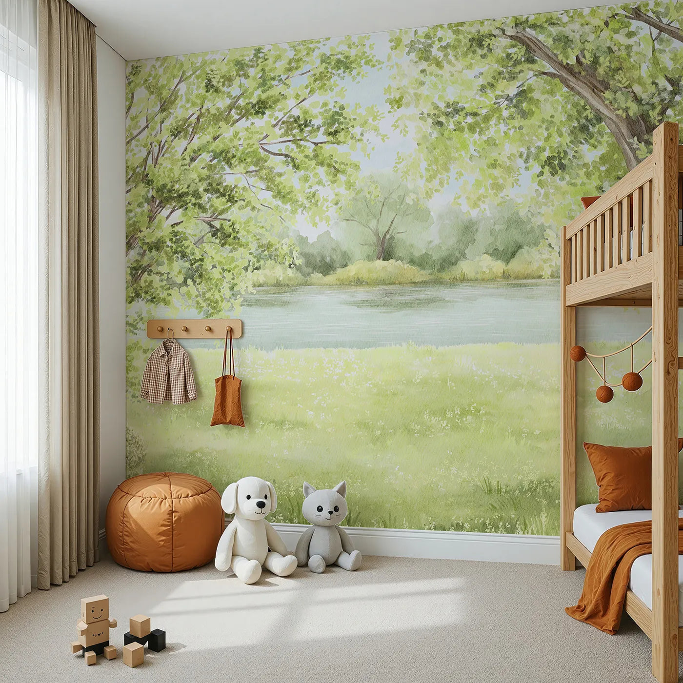 Angled view of Whimsy Tots' Summer Riverbank Wall Mural (Turn Their Room into a Peaceful Day by the Water).Gender-Neutral