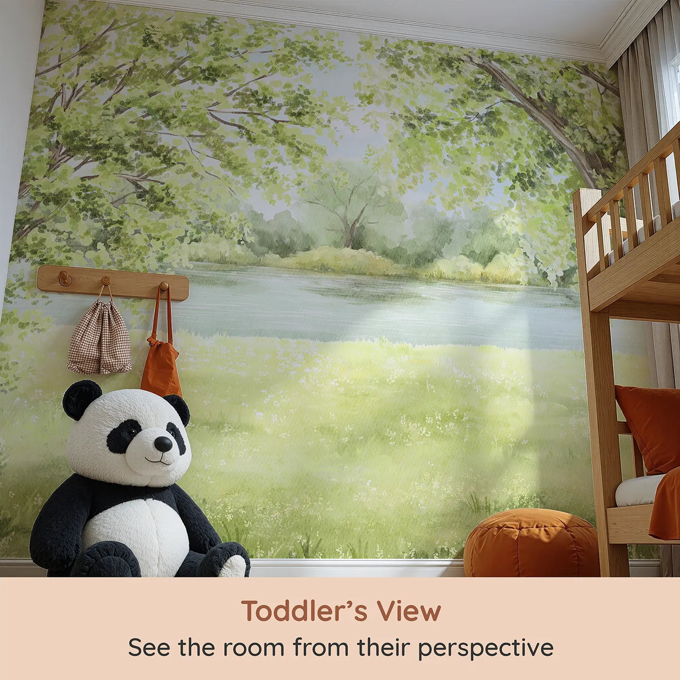 Whimsy Tots Summer Riverbank Wall Mural (Turn Their Room into a Peaceful Day by the Water) from your child's view.Gender-Neutral