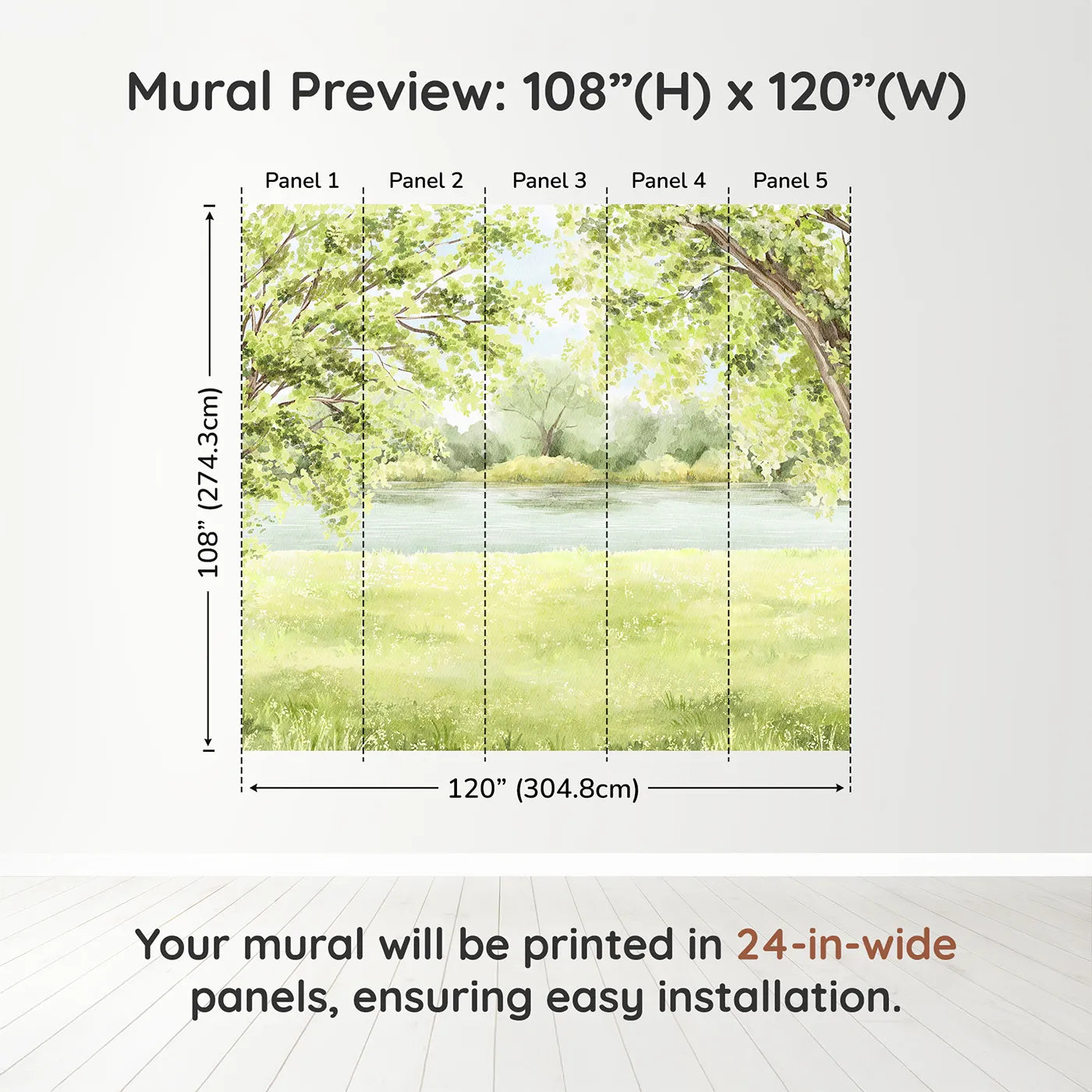 Whimsy Tots Summer Riverbank Wall Muraldimension view (108" H x 120" W). Printed in five 24-inch-wide panels. Gender-Neutral