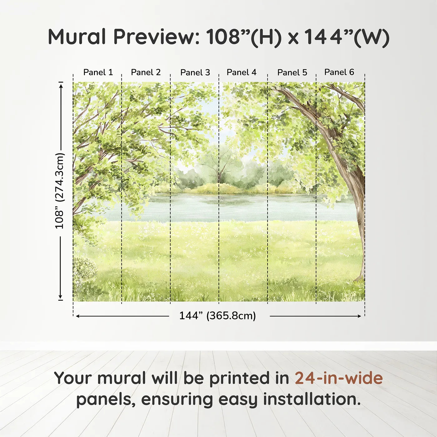 Whimsy Tots Summer Riverbank Wall Muraldimension view (108" H x 144" W). Printed in six 24-inch-wide panels. Gender-Neutral