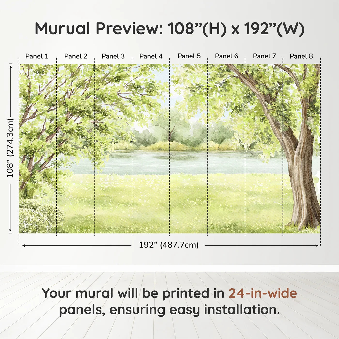 Whimsy Tots Summer Riverbank Wall Muraldimension view (108" H x 192" W). Printed in eight 24-inch-wide panels. Gender-Neutral