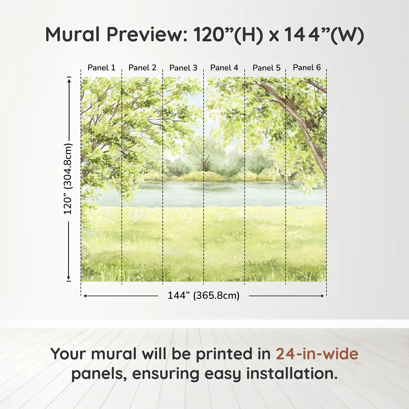 Whimsy Tots Summer Riverbank Wall Muraldimension view (120" H x 144" W). Printed in six 24-inch-wide panels. Gender-Neutral