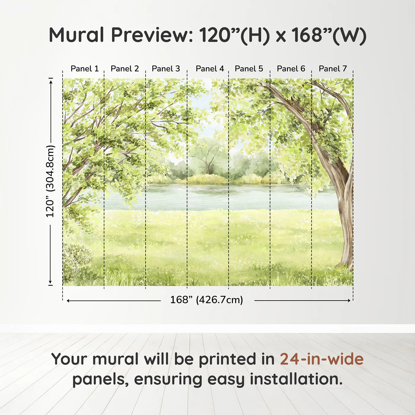 Whimsy Tots Summer Riverbank Wall Muraldimension view (120" H x 168" W). Printed in seven 24-inch-wide panels. Gender-Neutral
