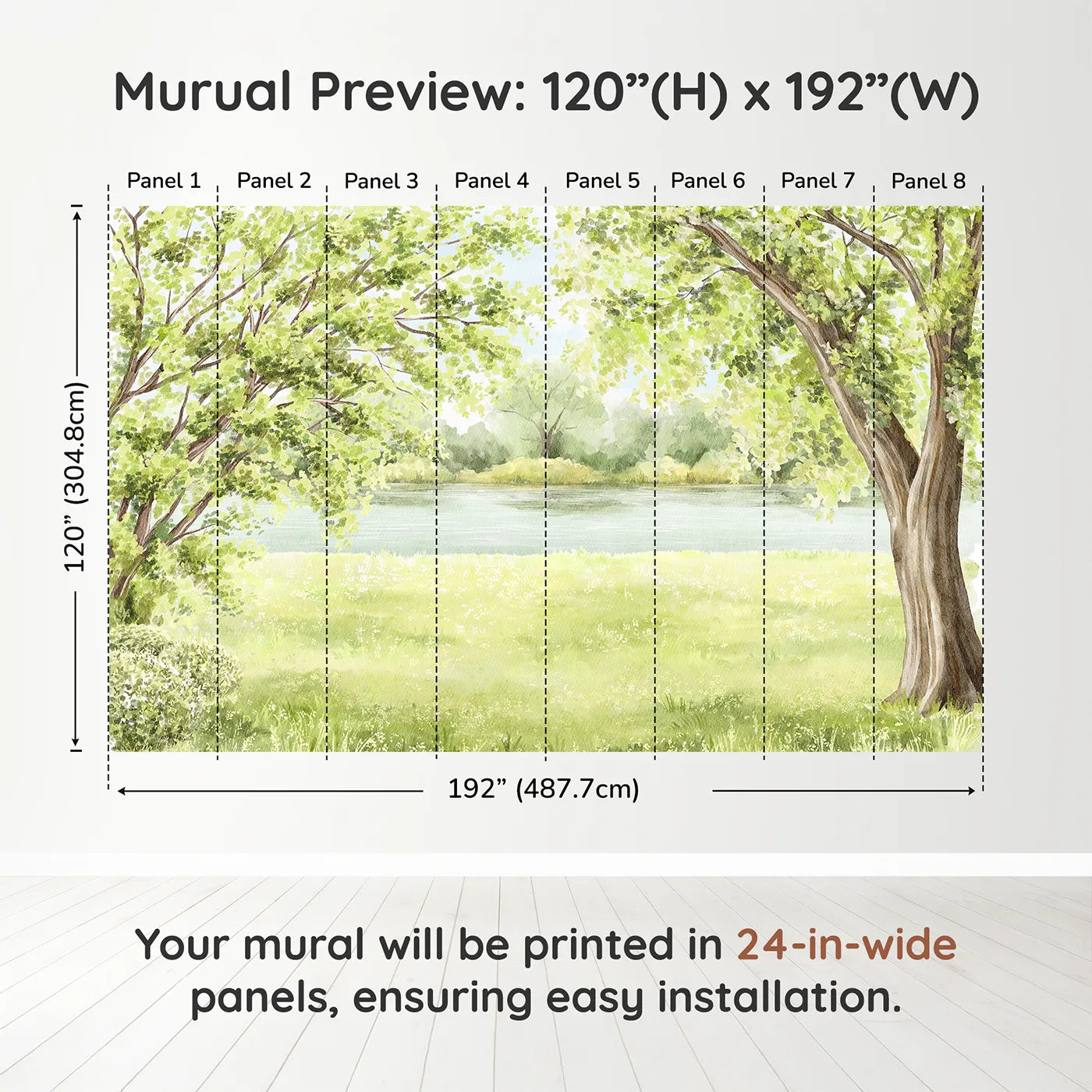 Whimsy Tots Summer Riverbank Wall Muraldimension view (120" H x 192" W). Printed in eight 24-inch-wide panels. Gender-Neutral