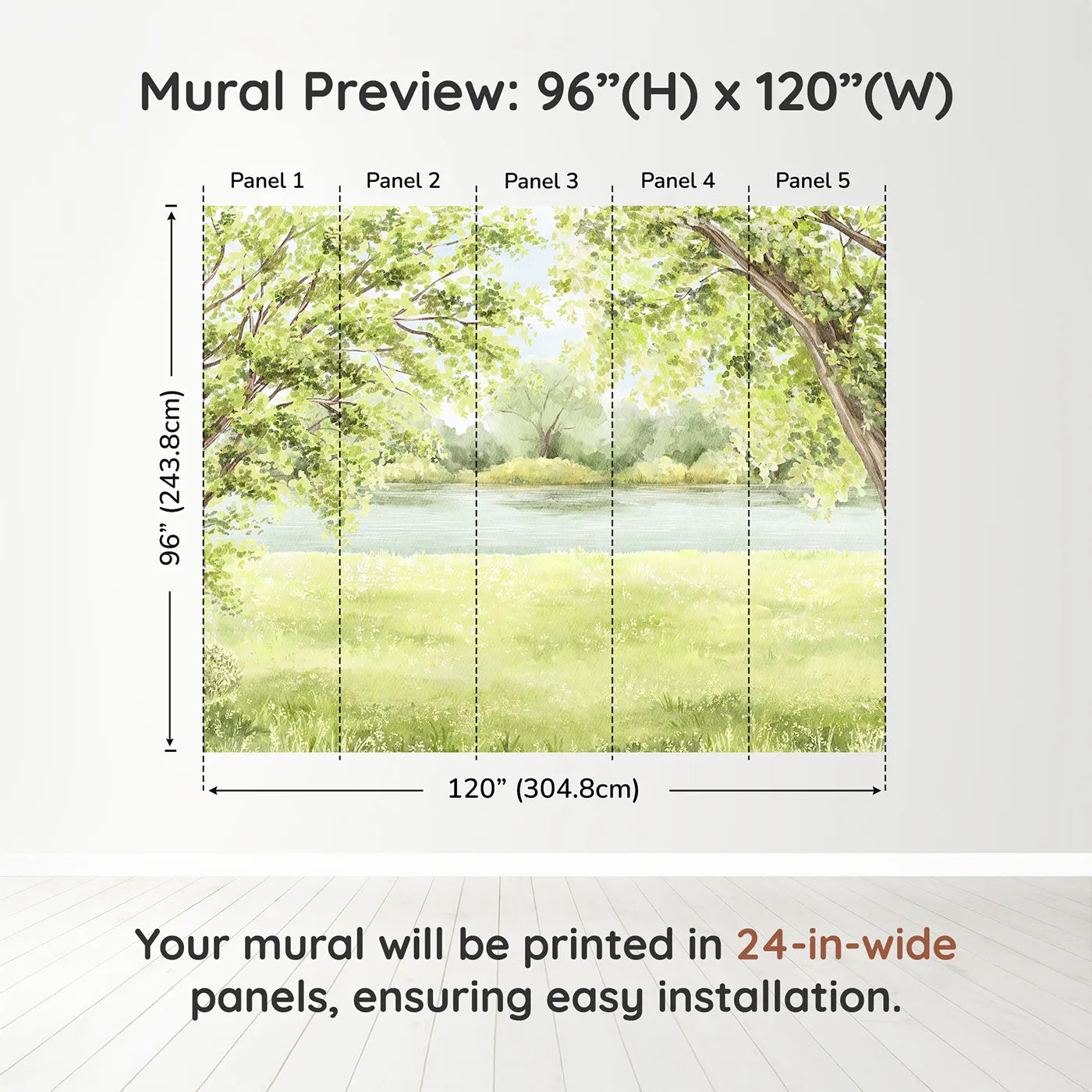 Whimsy Tots Summer Riverbank Wall Muraldimension view (96" H x 120" W). Printed in five 24-inch-wide panels. Gender-Neutral